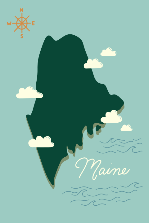 Carte du Maine avec nuages et vagues océaniques