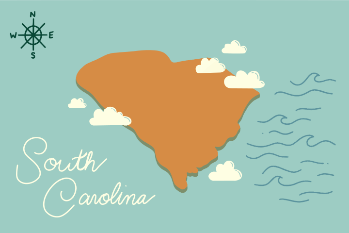Map of south carolina with clouds and waves