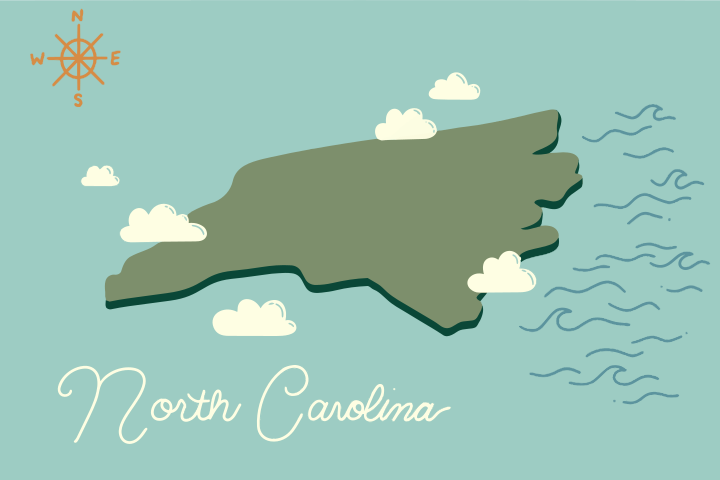 Mapa da Carolina do Norte com nuvens e ondas