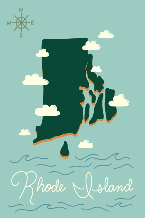 Carte du Rhode Island avec nuages et vagues de l’océan.