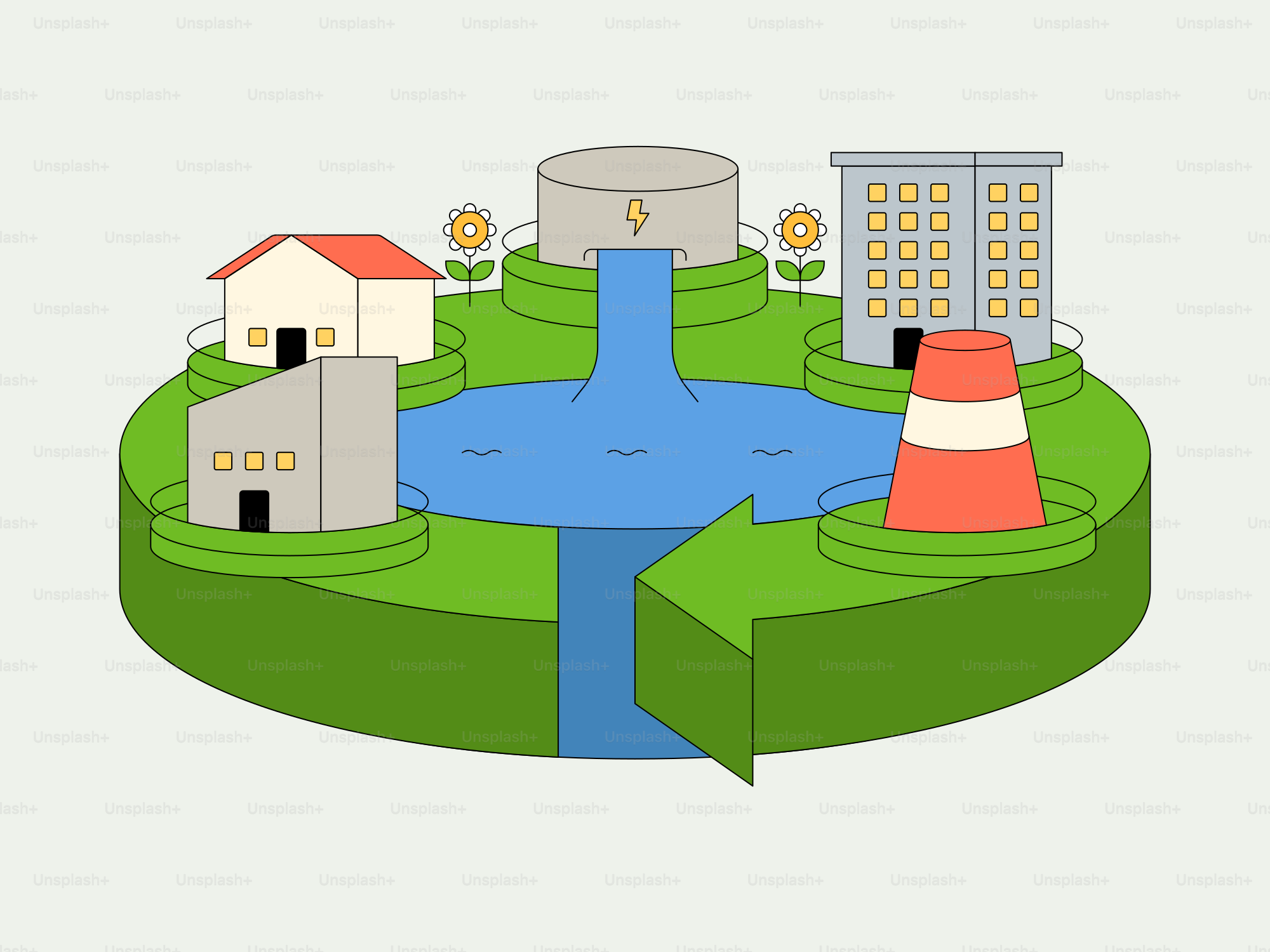 Diagrama circular de edificios, agua y vegetación