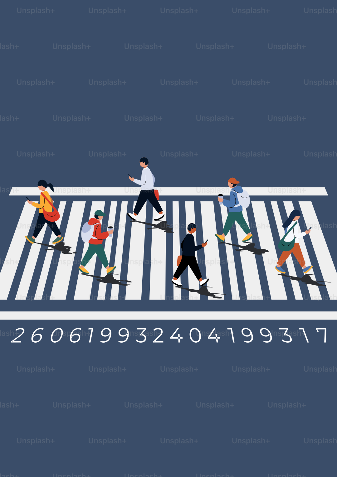 バーコードパターンの横断歩道を渡る人々