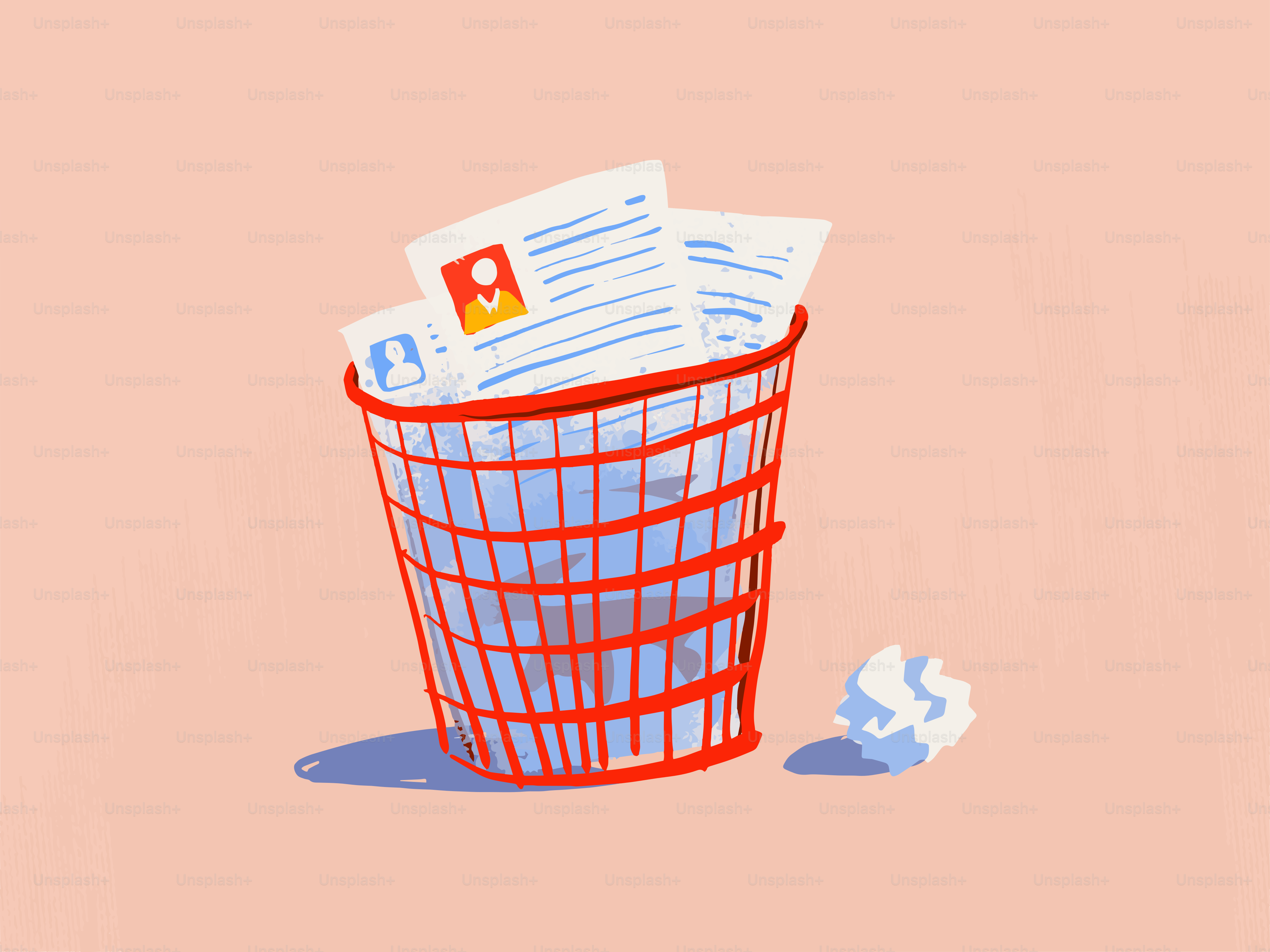 Papeles y currículums en un cubo de basura rojo.