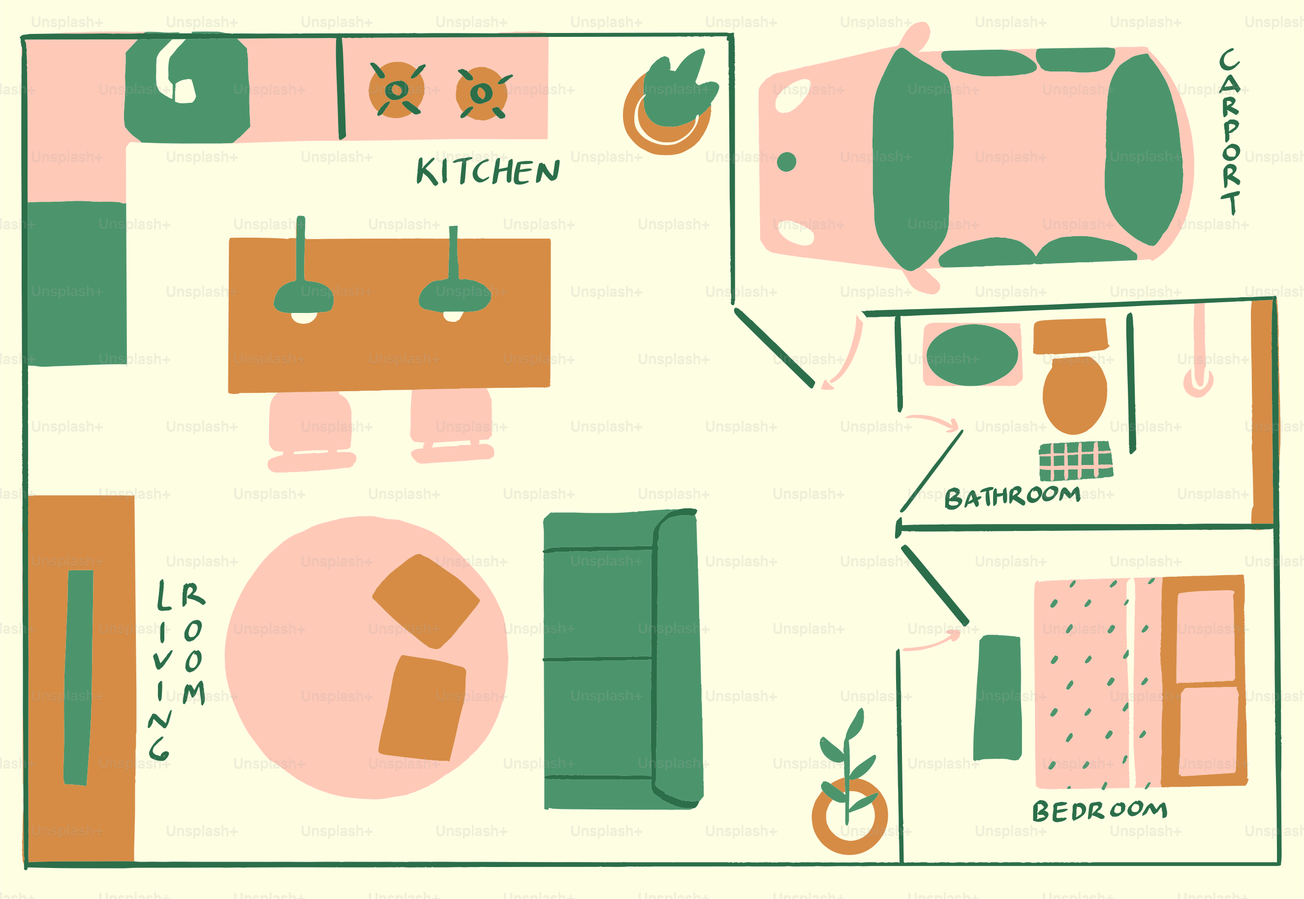 Denah lantai apartemen kecil dengan dapur dan kamar tidur