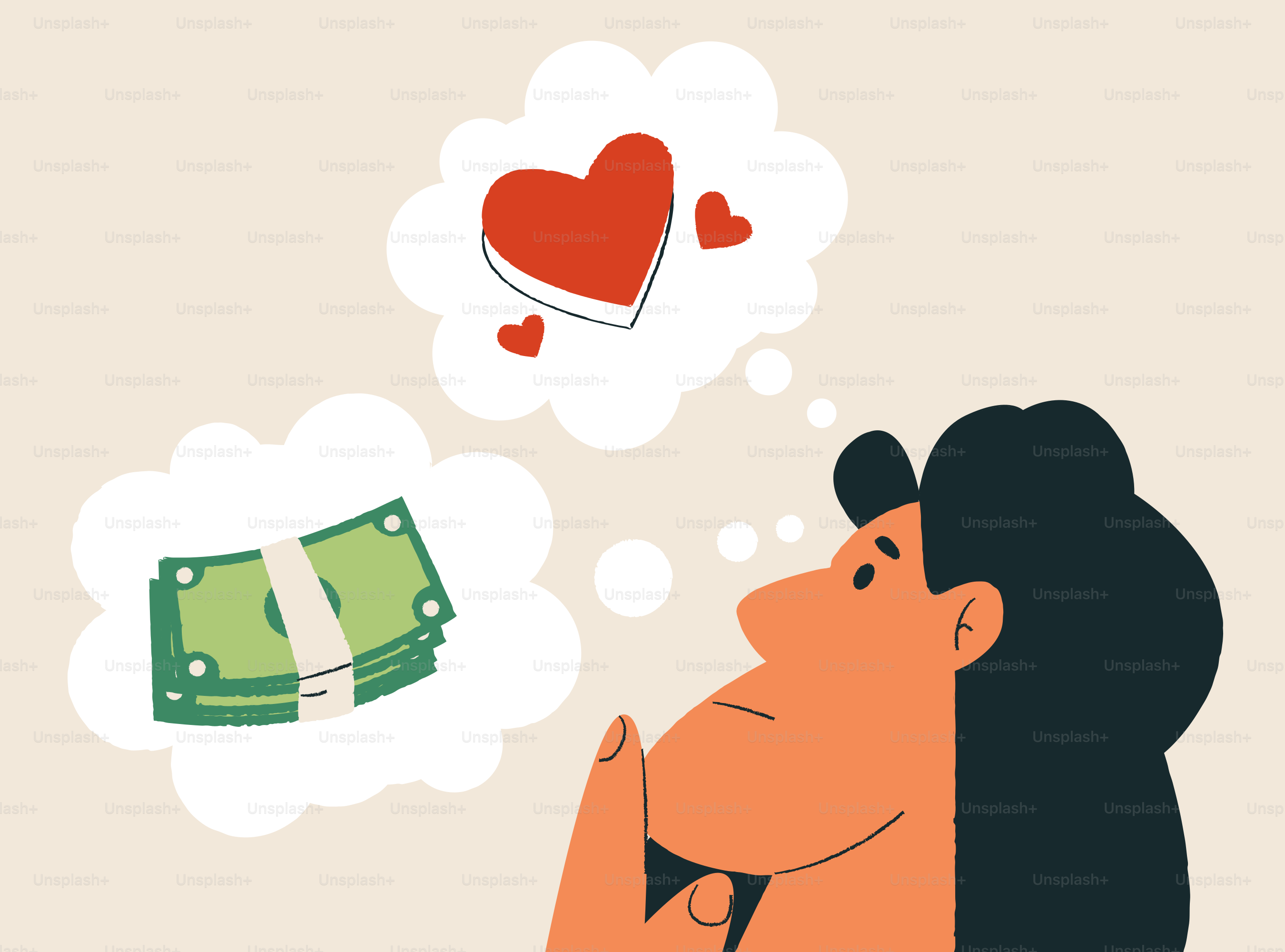 Person thinking about money and love