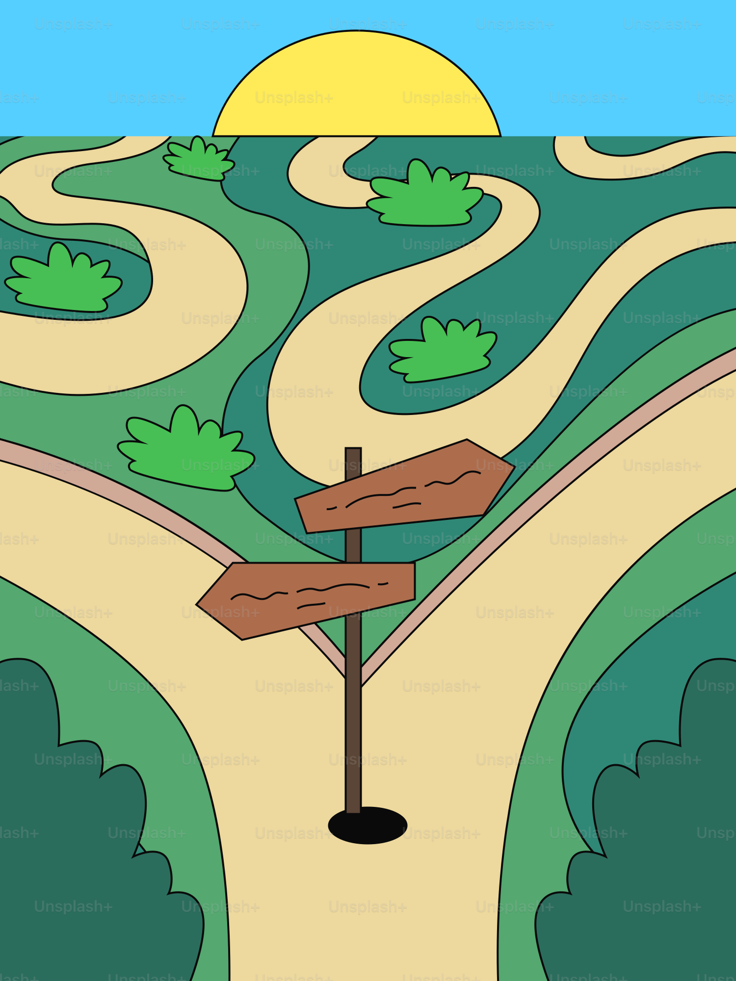 Fork in the road with directional signs at sunrise.