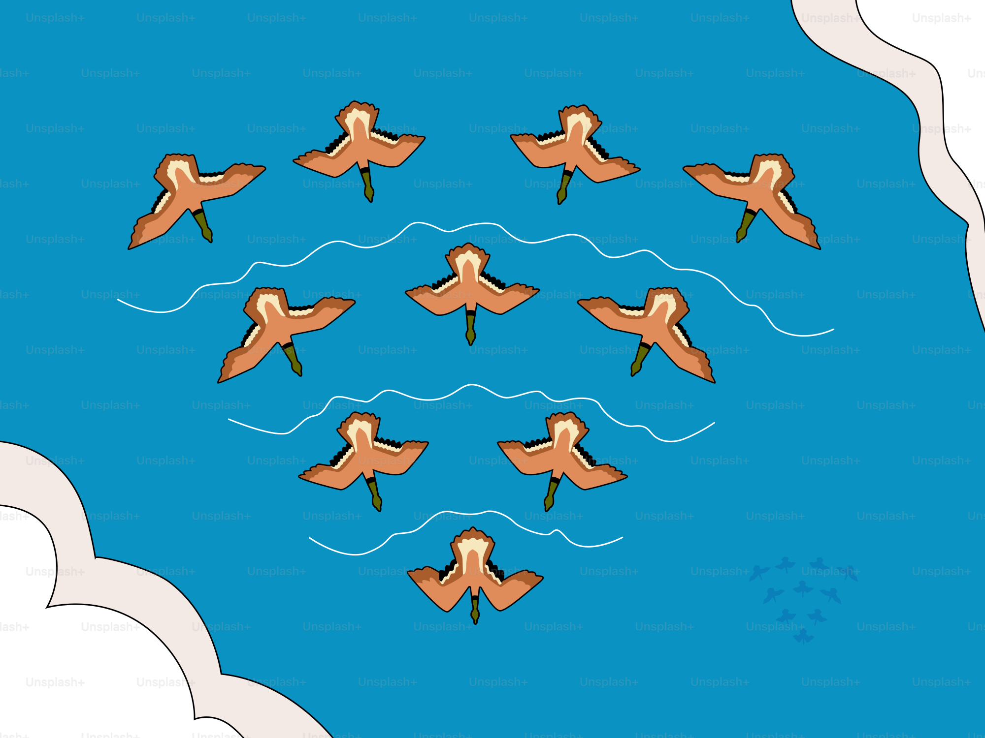 Flock of birds flying in v formation over water