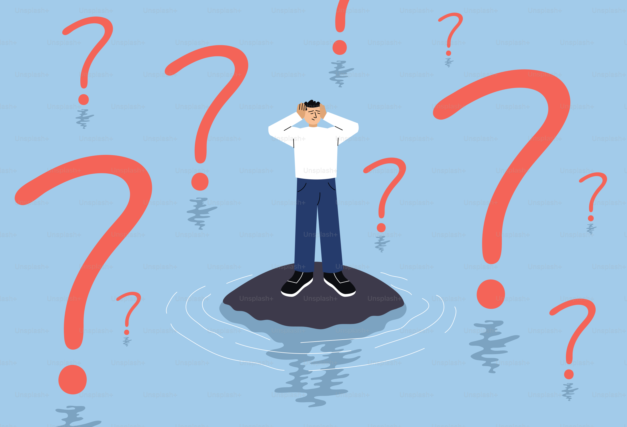 Hombre rodeado de signos de interrogación, sintiéndose abrumado.