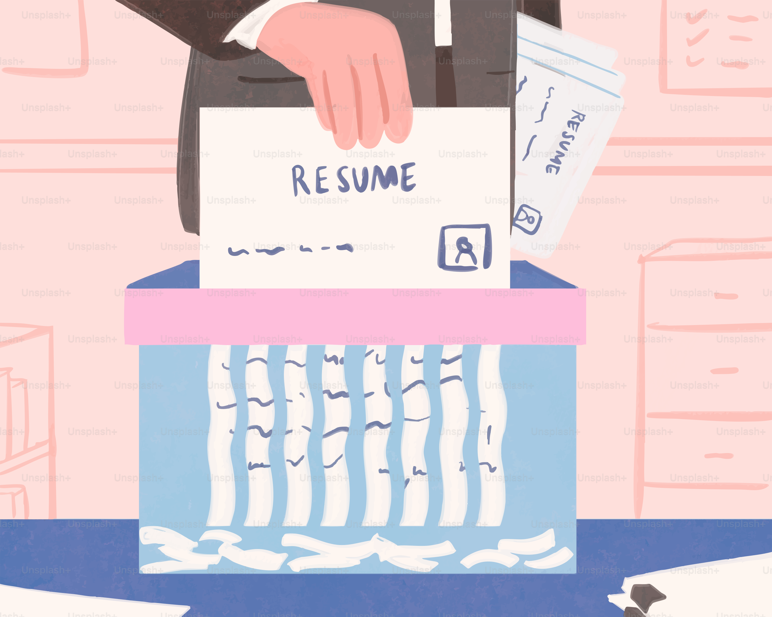 Resume being shredded in a document shredder.