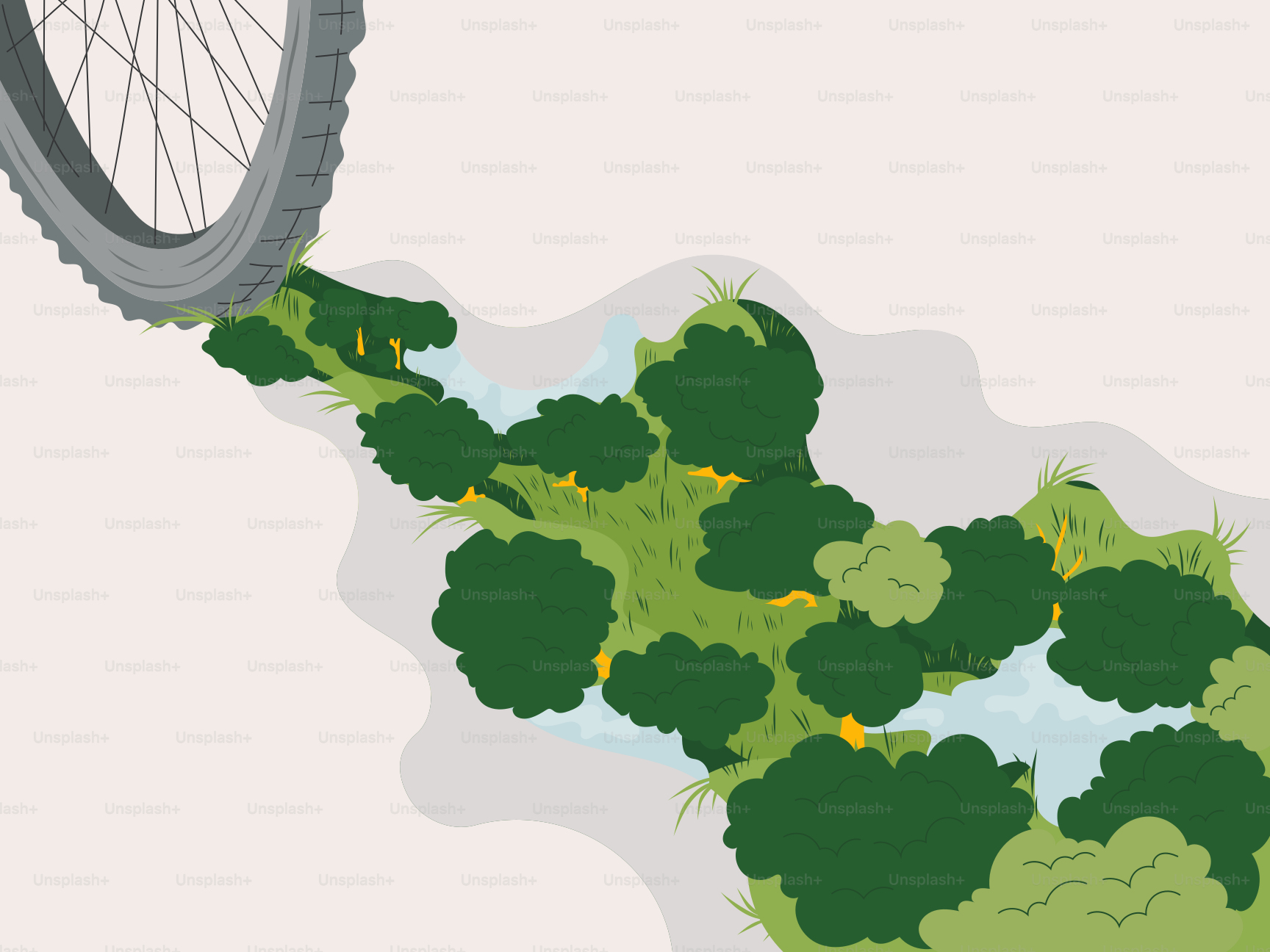 Ein Fahrradreifen rollt über eine grüne Landschaft.