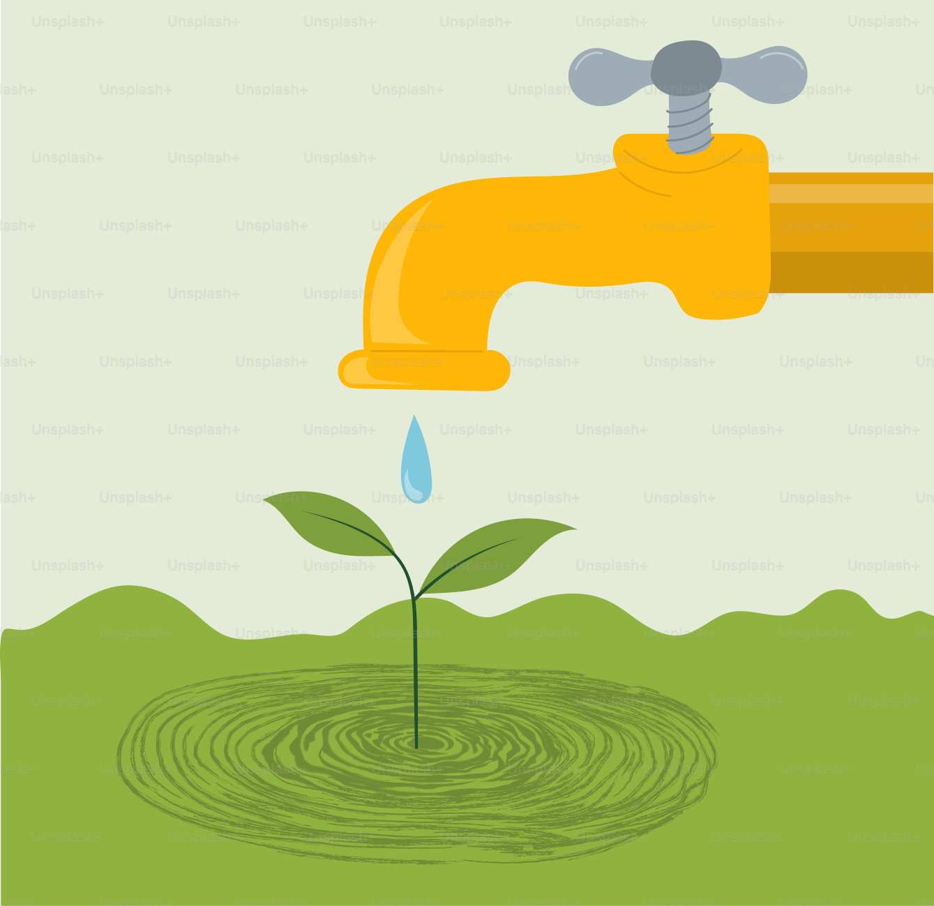 Ein gelber Wasserhahn tropft Wasser auf eine kleine grüne Pflanze.