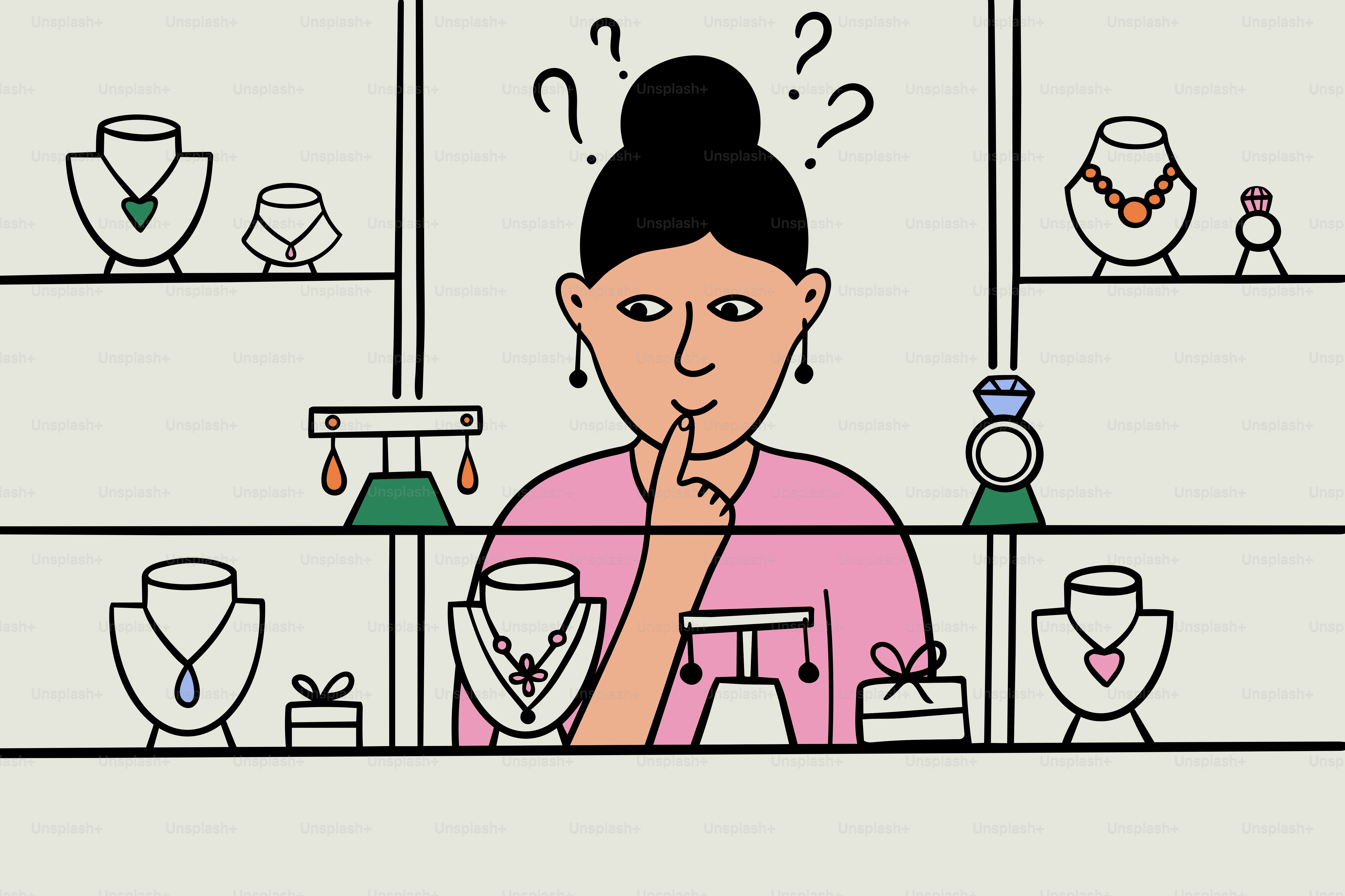 Frau, die Schmuck in einer Vitrine betrachtet.