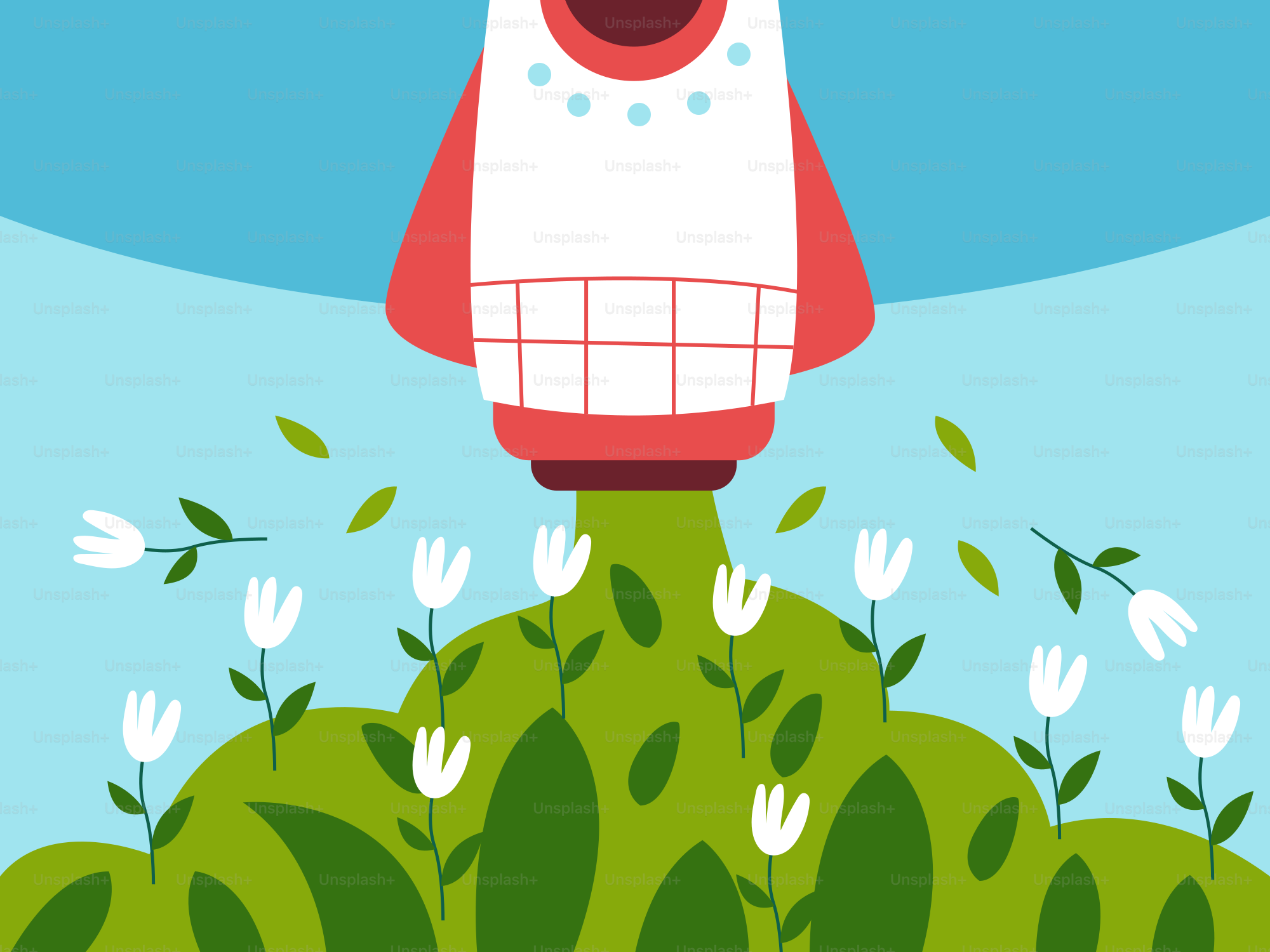 Eine Cartoon-Rakete, die über ein Blumenfeld startet