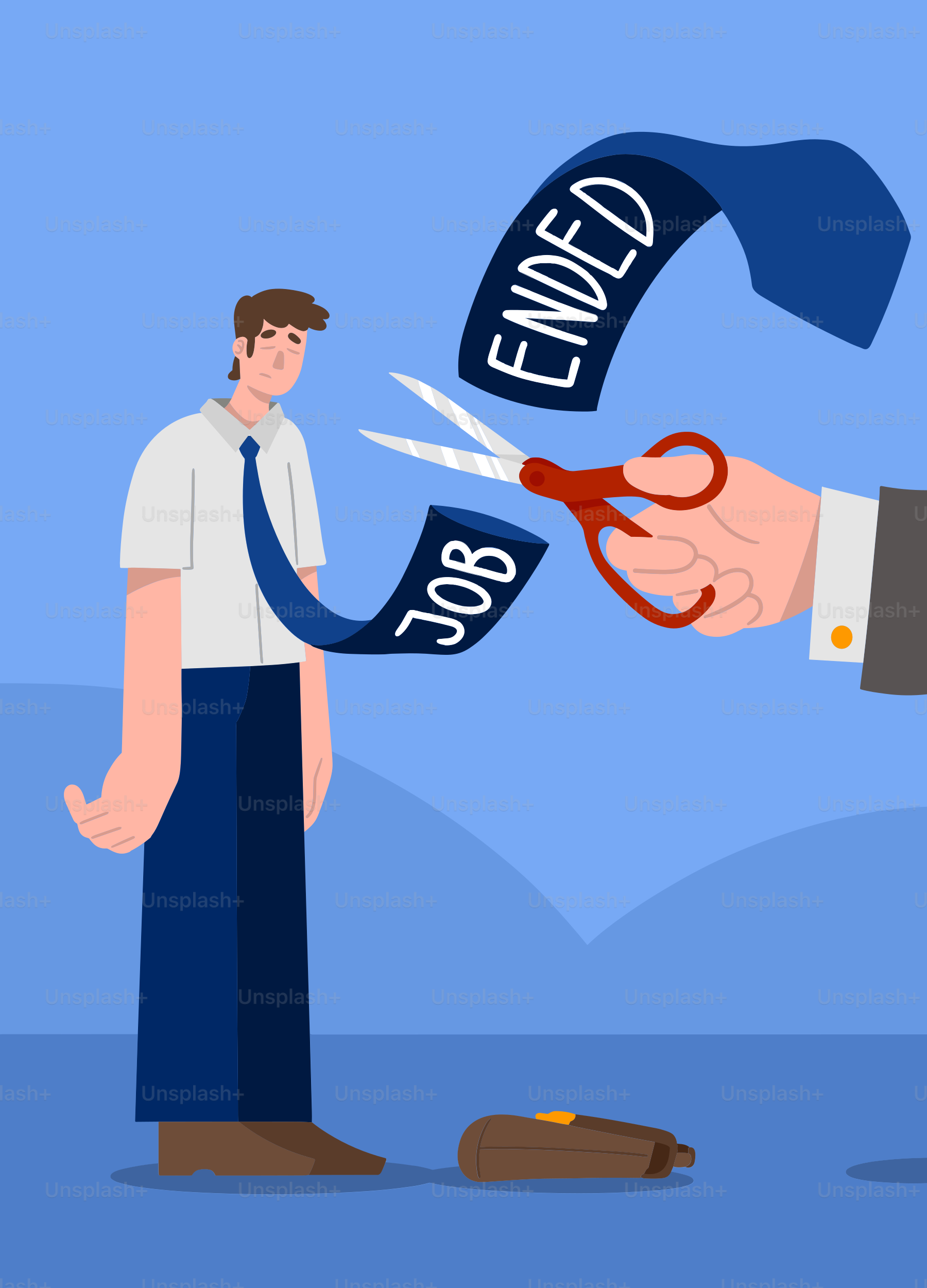 Travail terminé, homme a l’air triste alors que la cravate est coupée