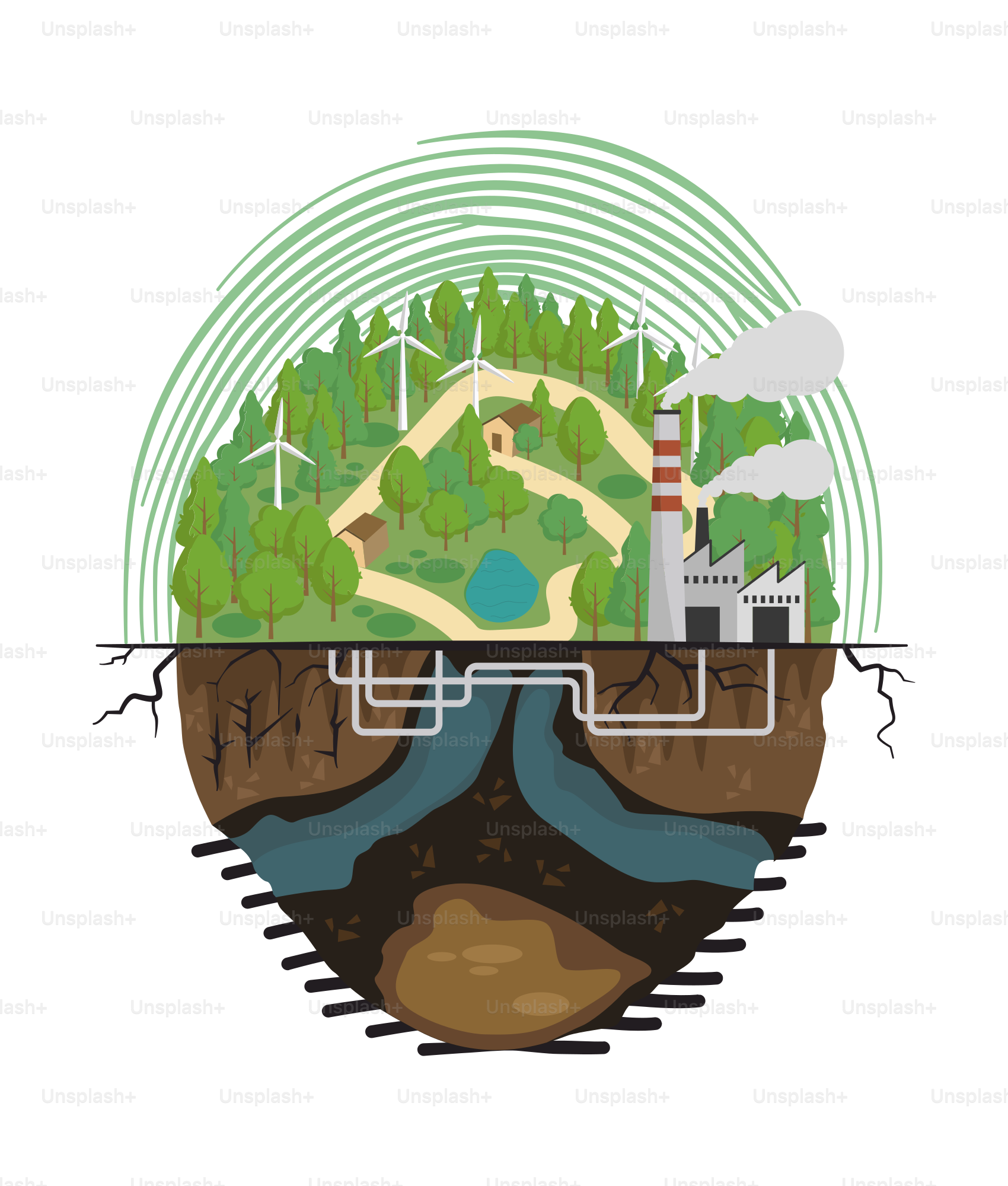 Coupe transversale de la terre montrant l’industrie et la nature