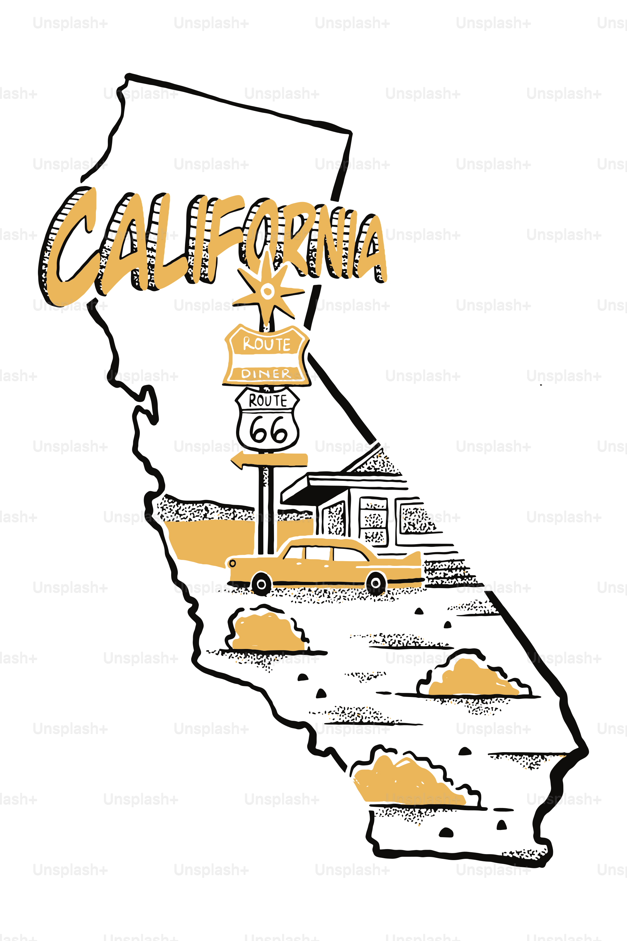California map with route 66 sign and vintage car
