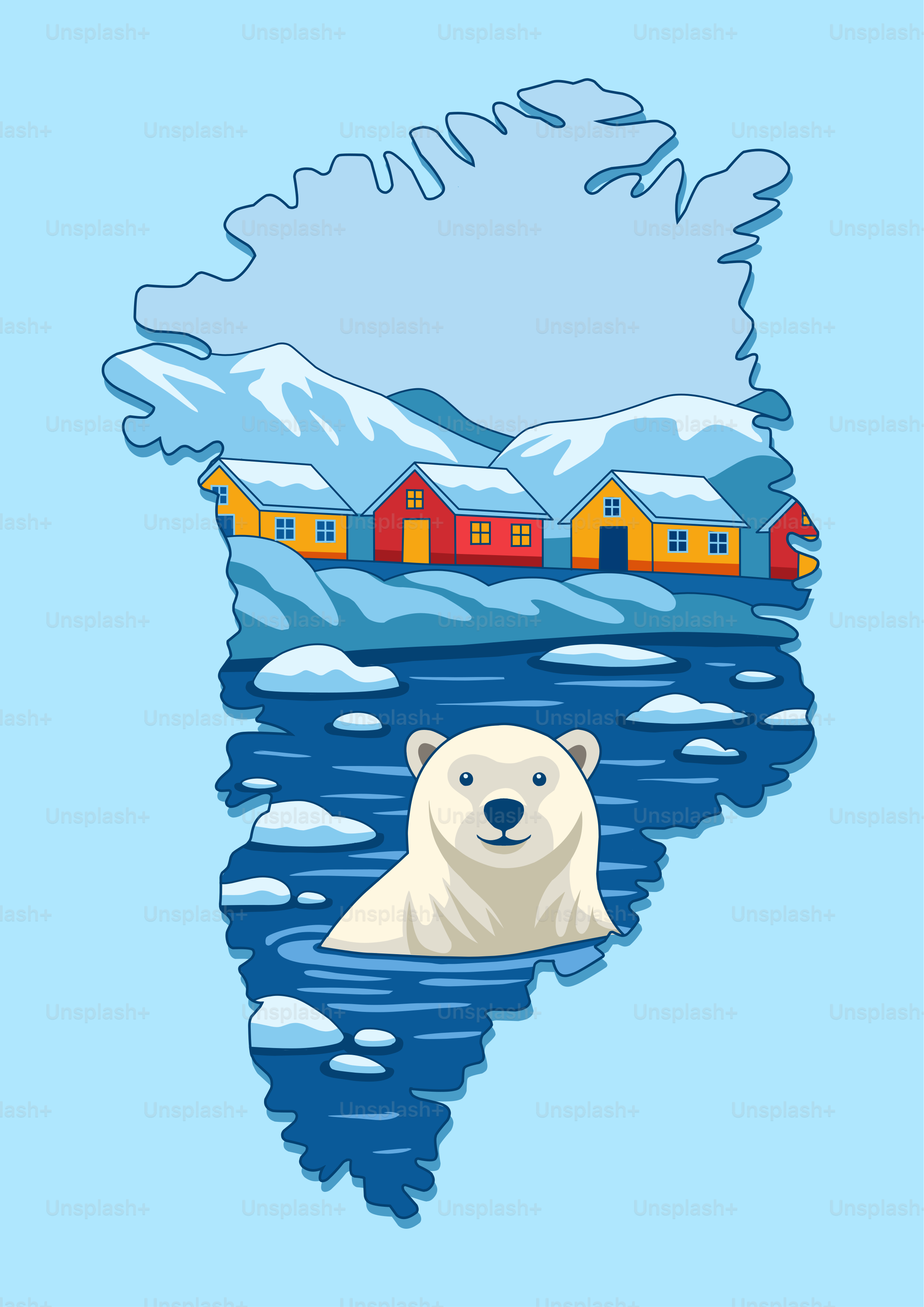 Polar bear swims near colorful houses in snowy landscape.