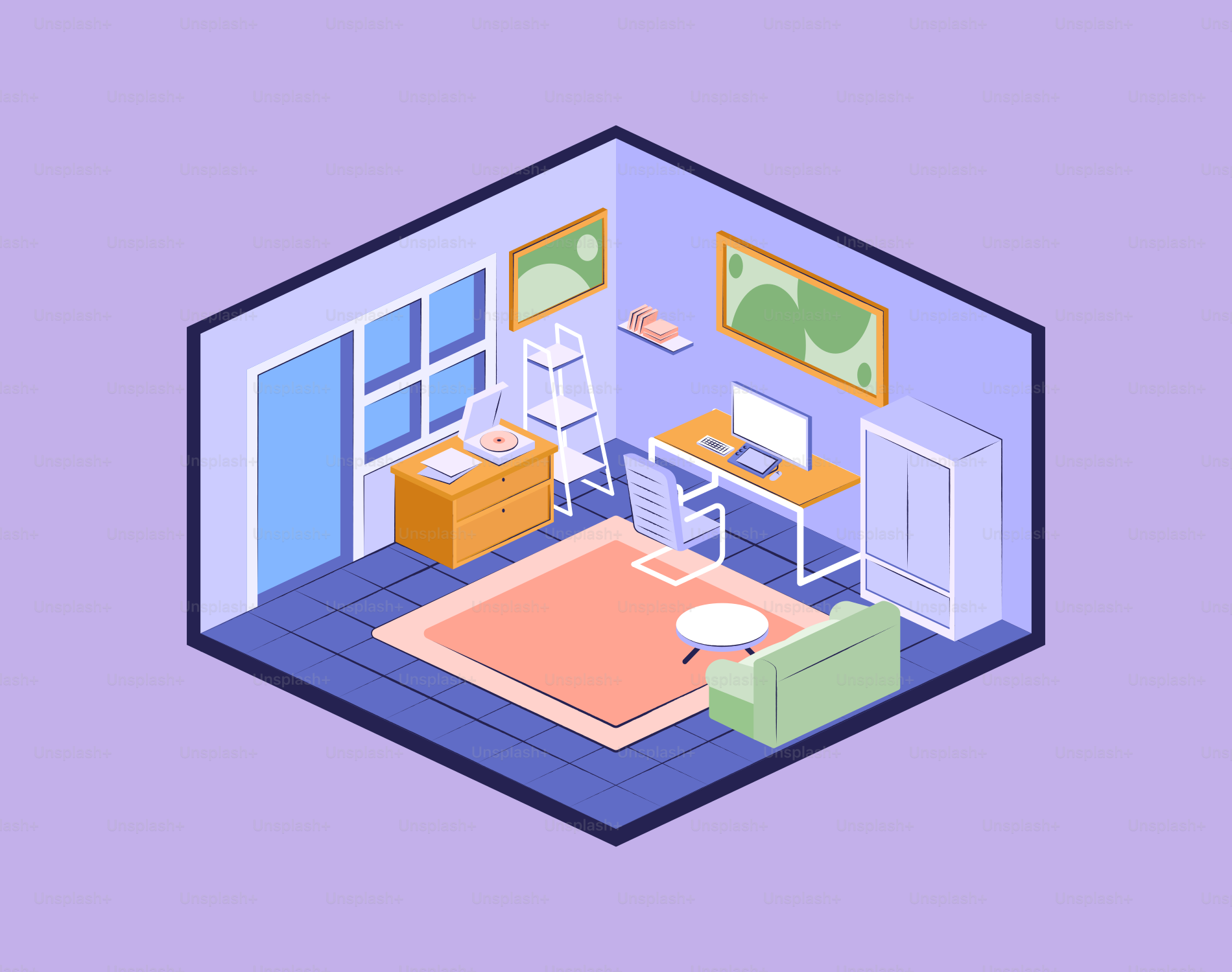 Isometric view of a modern home office interior.