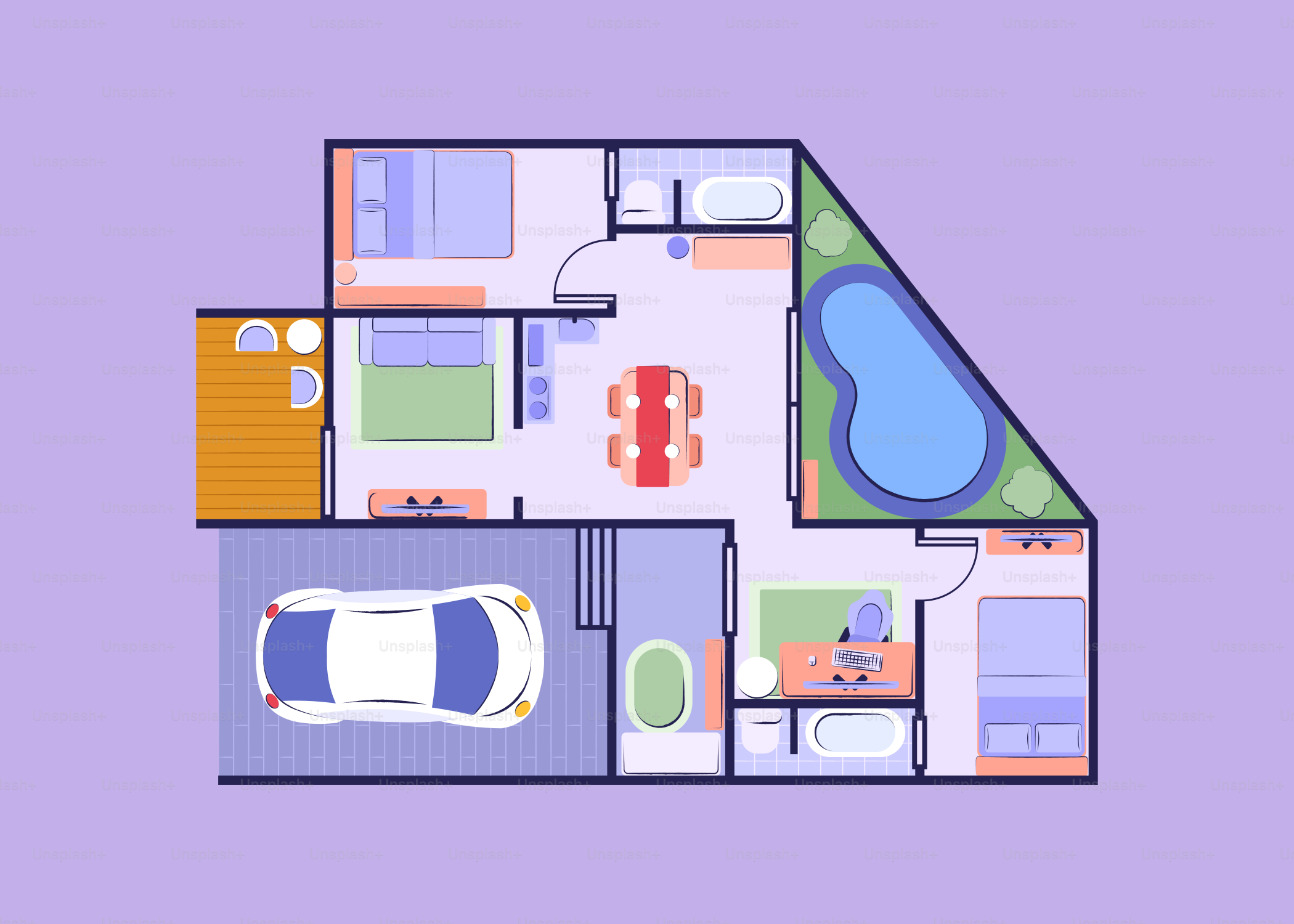 Floor plan of a house with a pool and garage