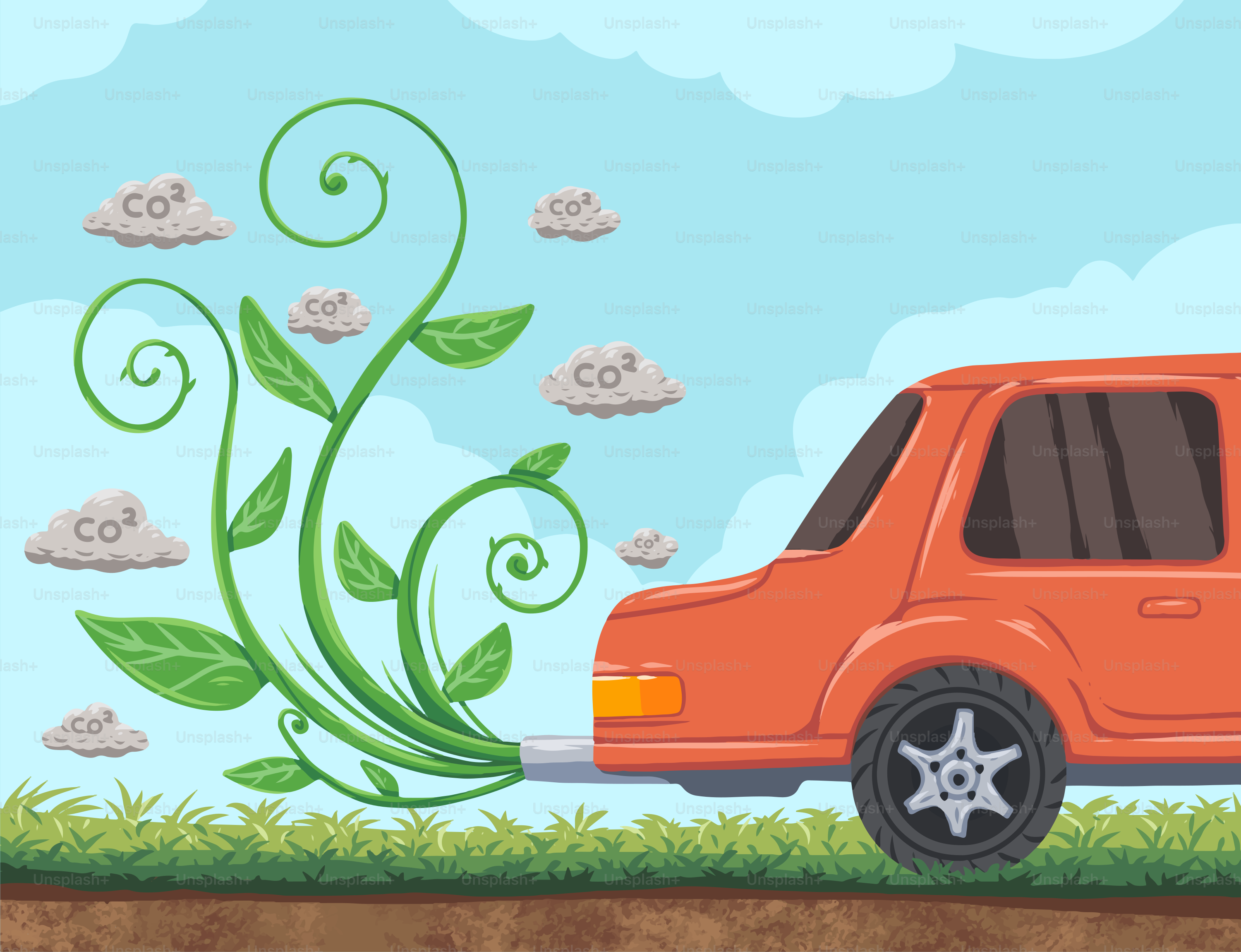 Car exhaust transforms into green plant growth