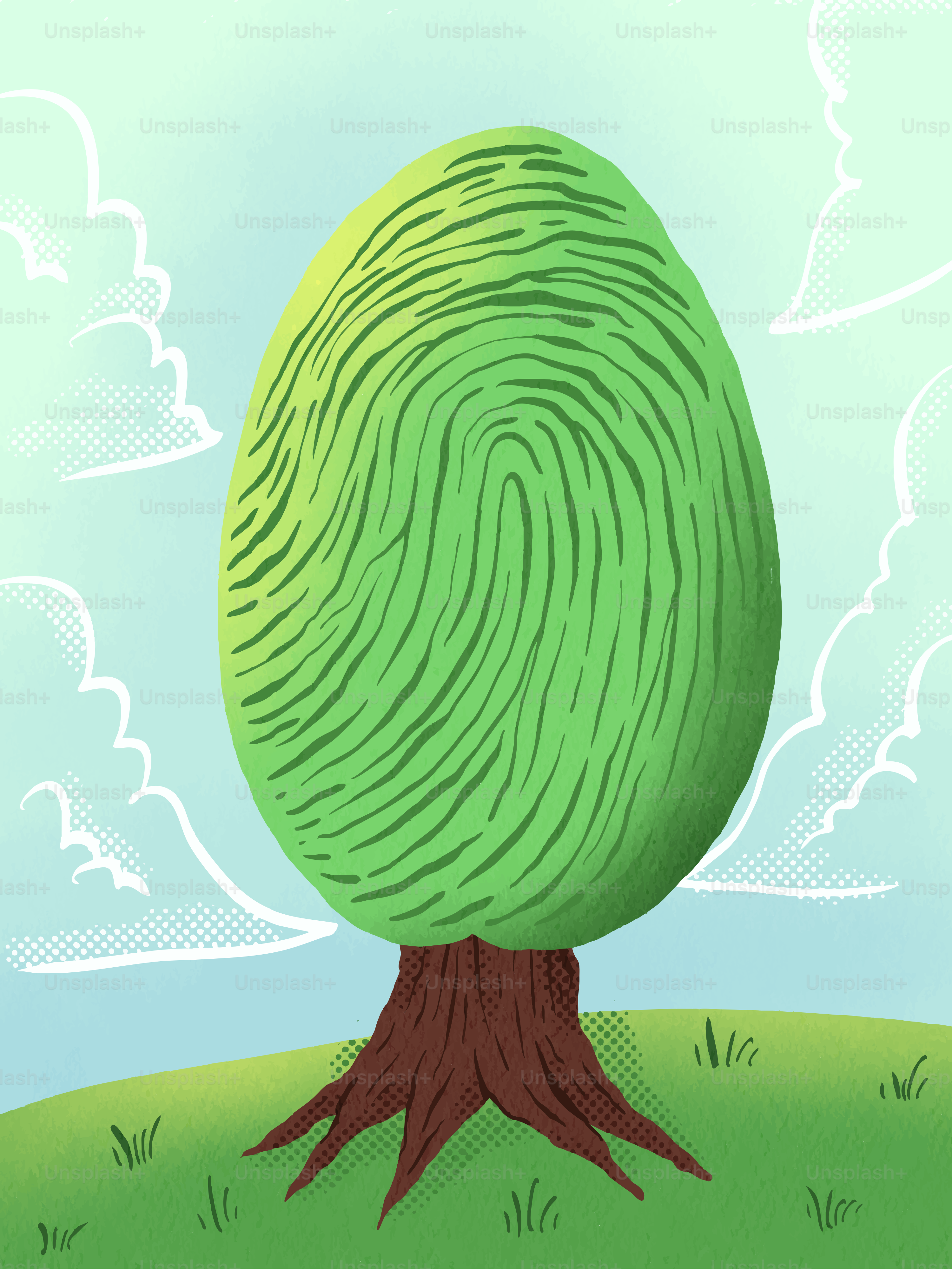 Un albero a forma di impronta digitale con un tronco marrone.