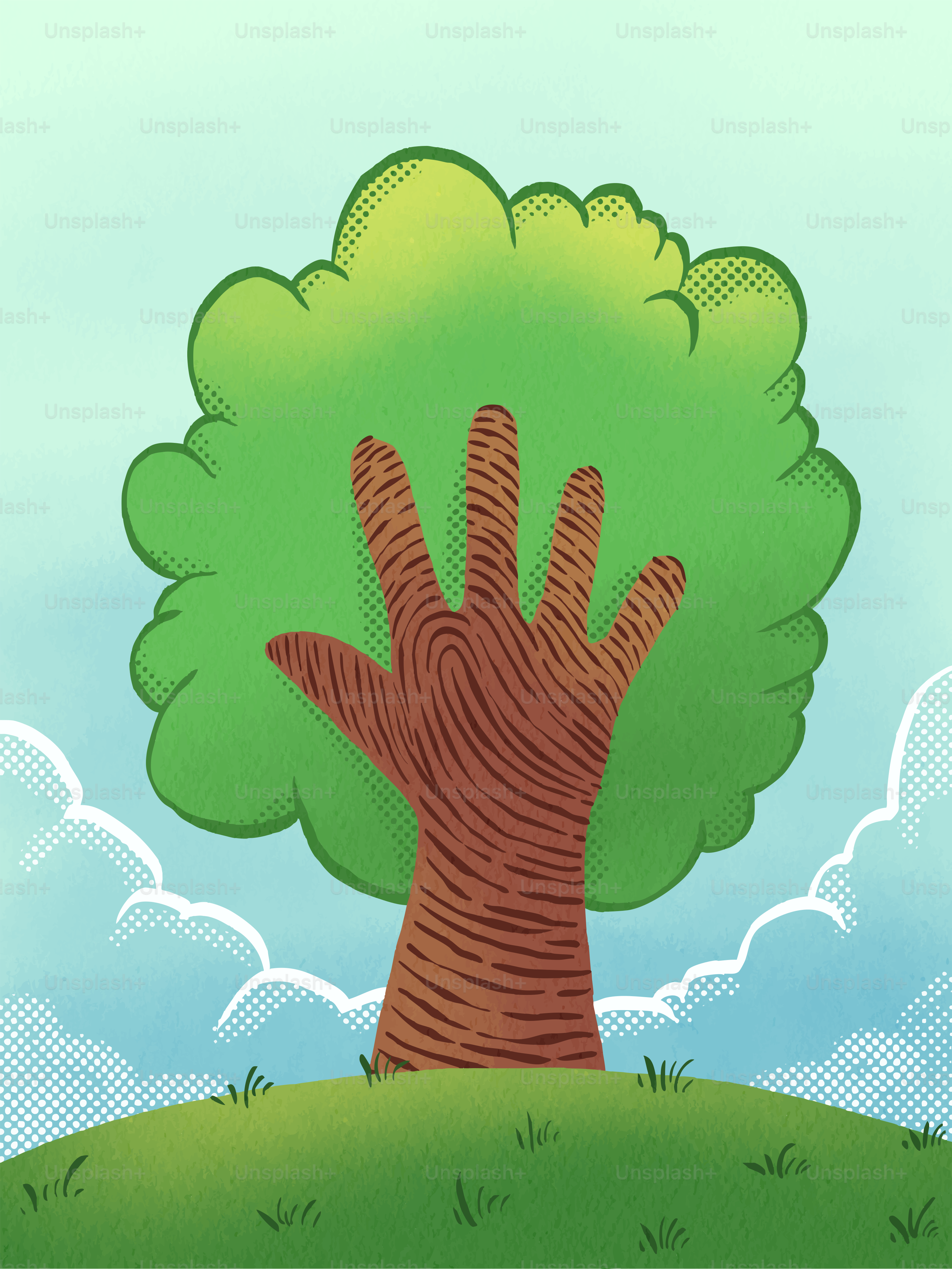 Tronco d'albero a forma di mano con una texture di impronte digitali.