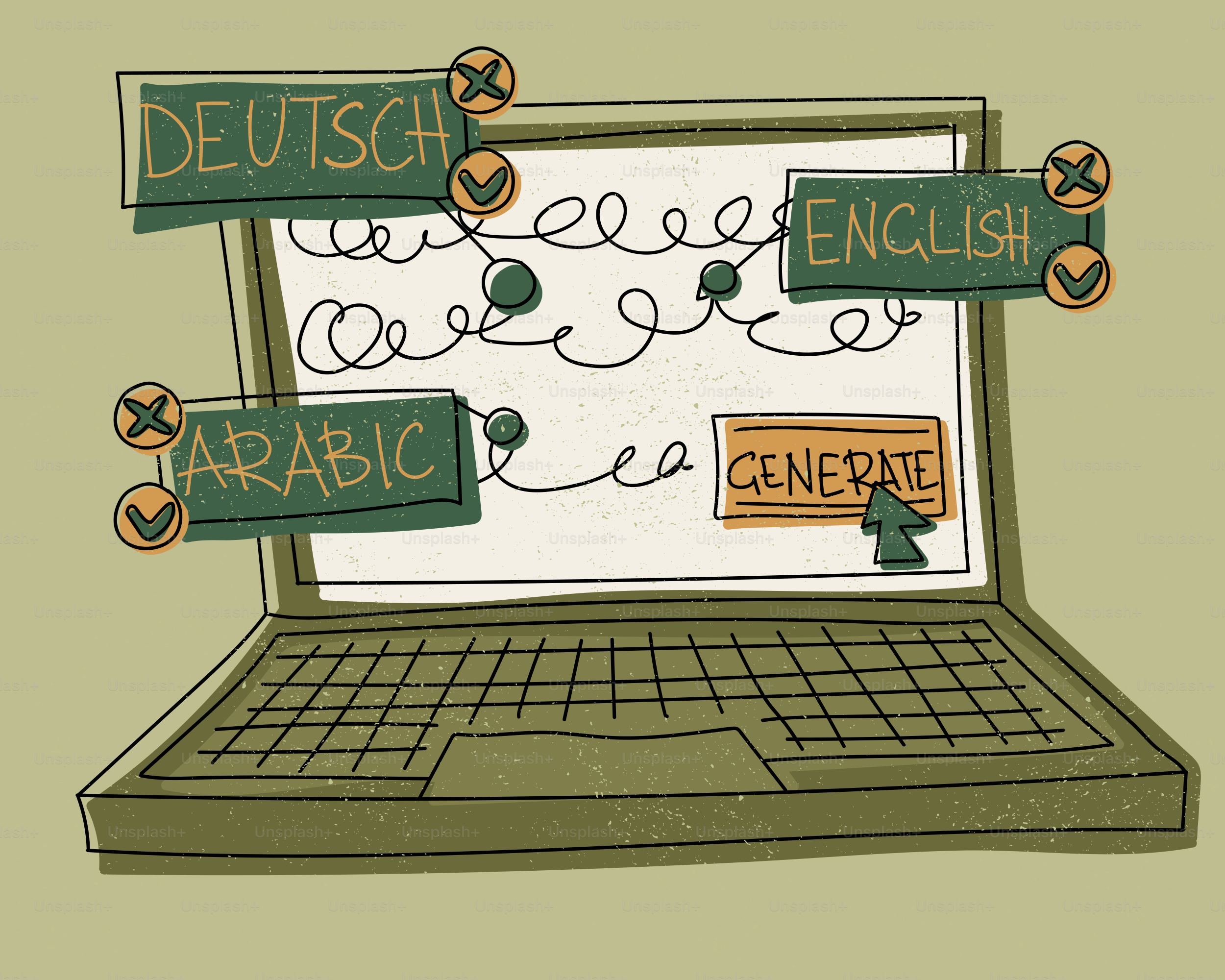 Der Laptop-Bildschirm zeigt Übersetzungsoptionen für Deutsch, Englisch und Arabisch an.