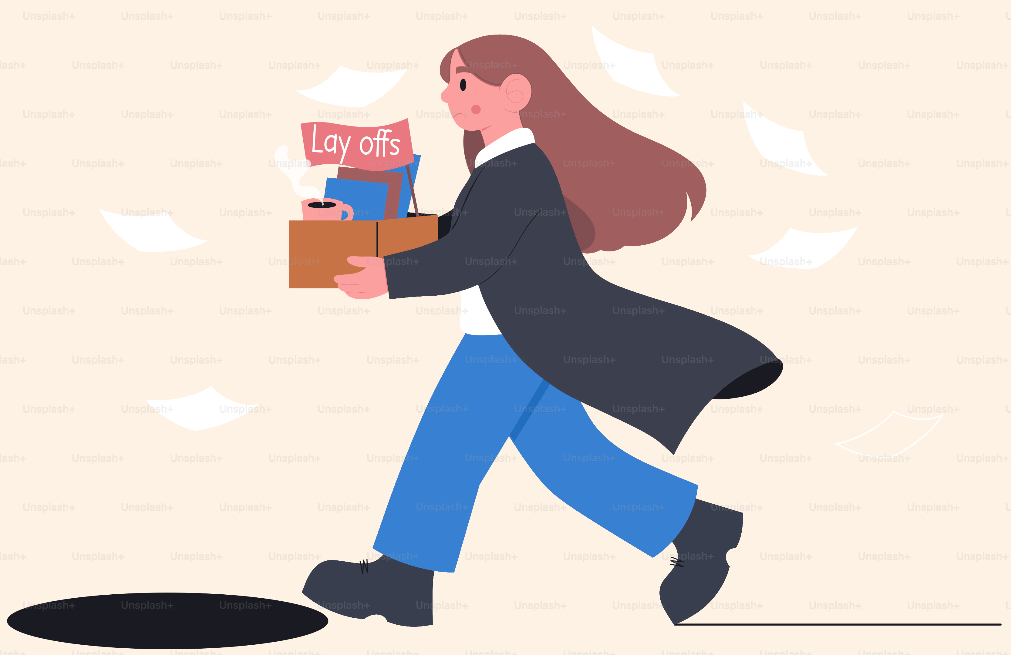 Woman carrying box with 'layoffs' sign, walking towards hole.