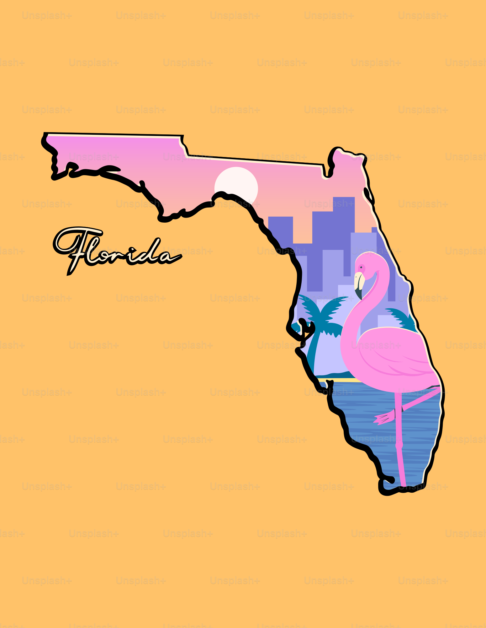 Silhueta em formato Flórida com flamingo e paisagem urbana