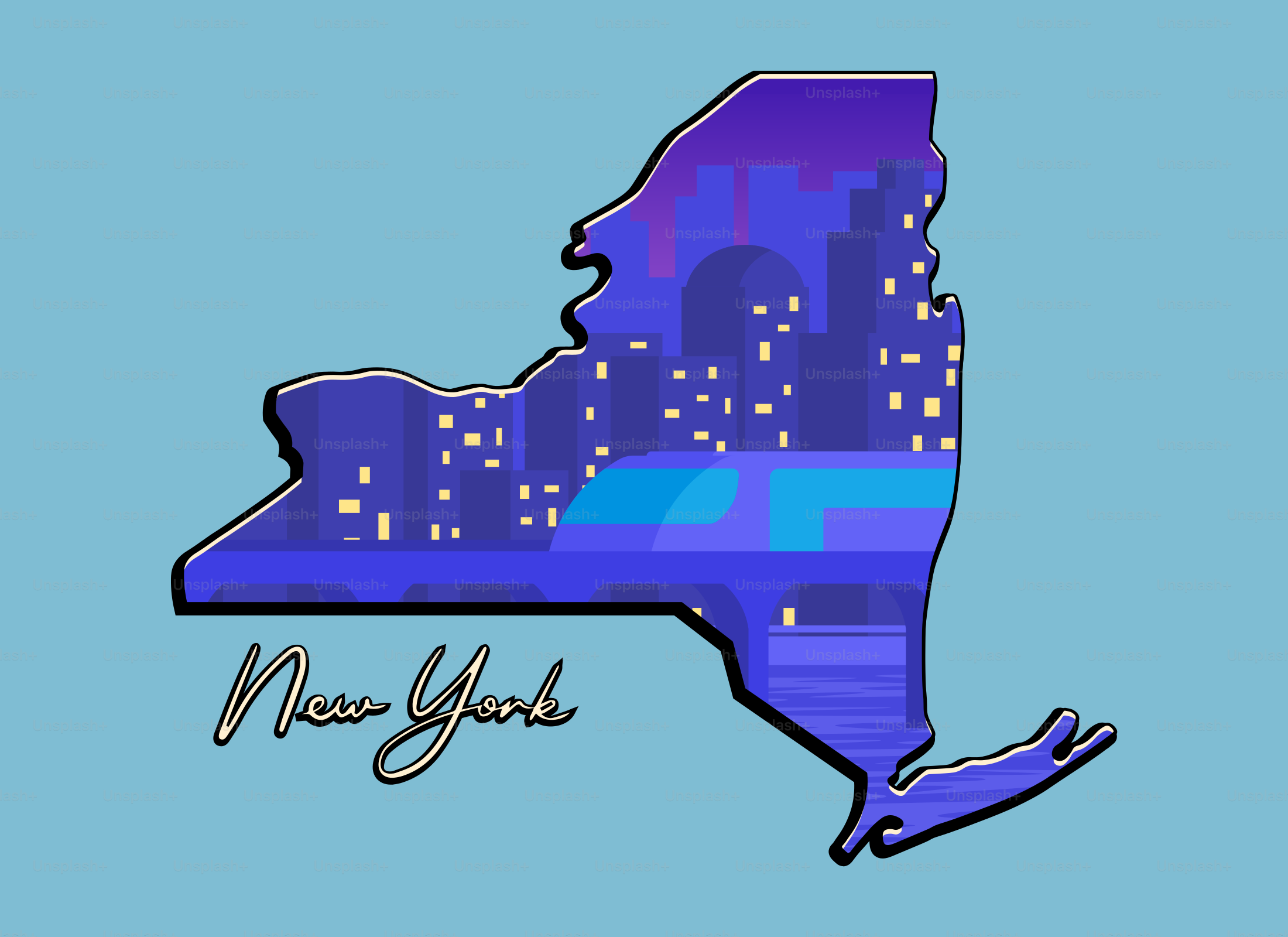 New york state outline with city skyline at night