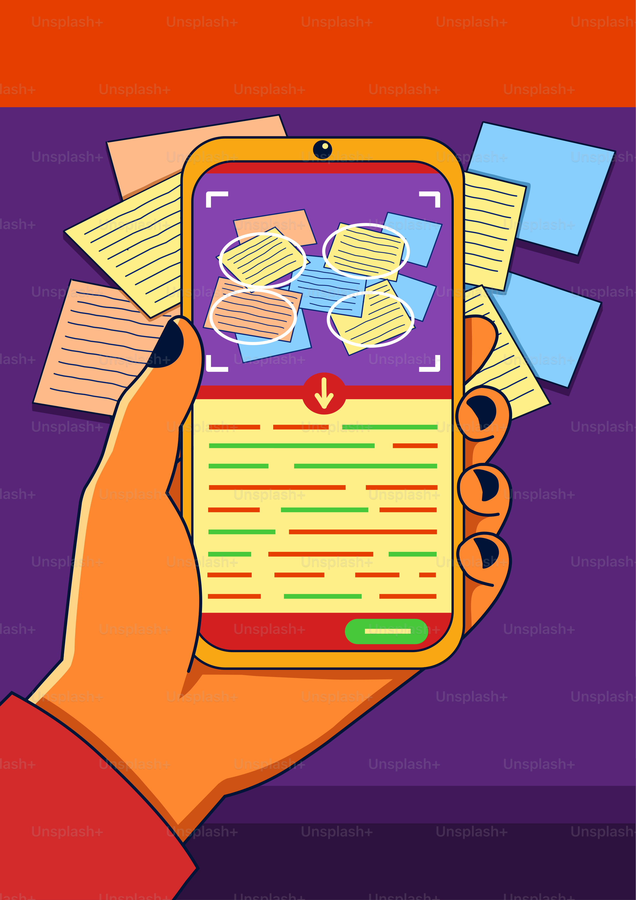 Tenir un téléphone à la main en scannant des post-its colorés