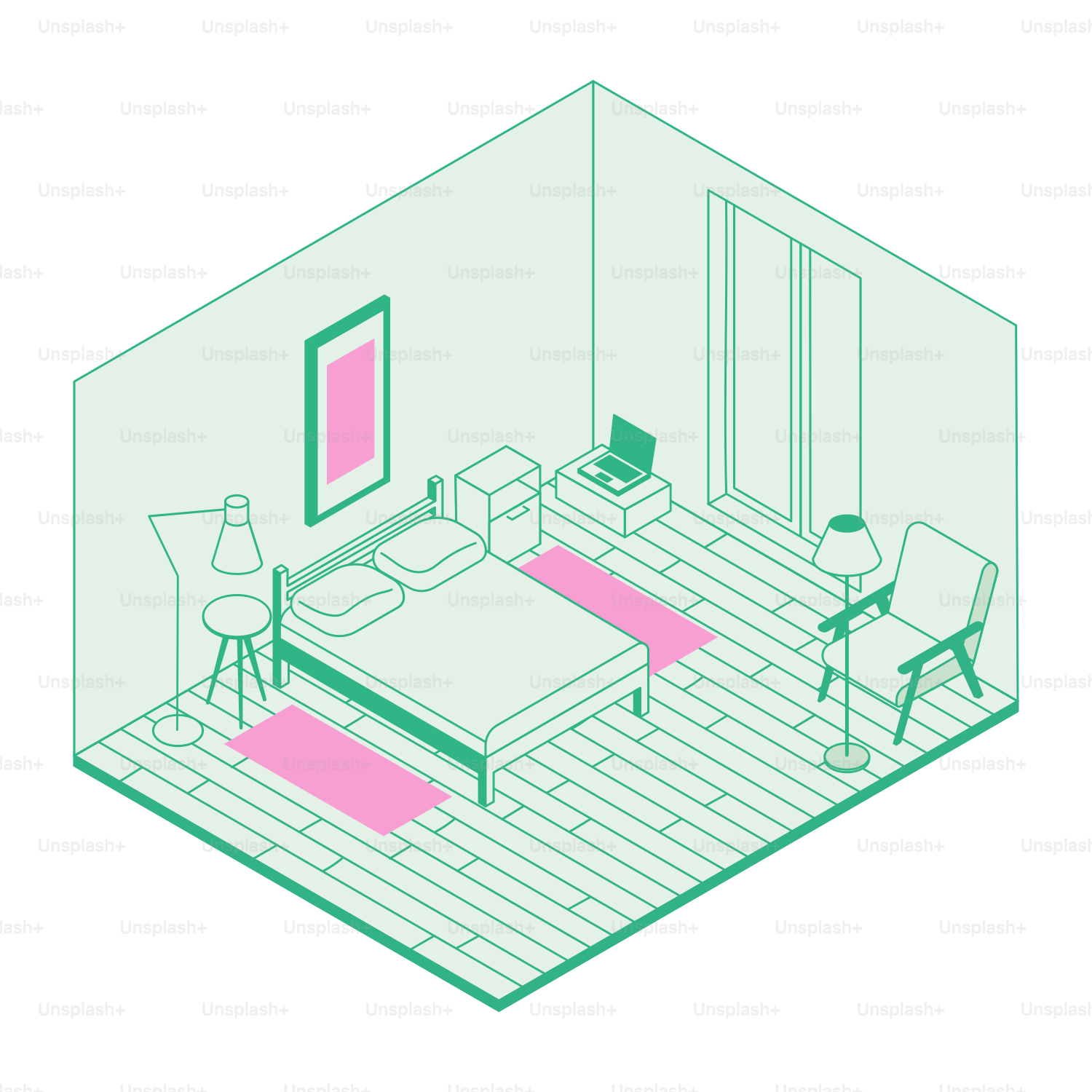 Ein minimalistisches Schlafzimmer mit Bett, Schreibtisch und Stuhl.