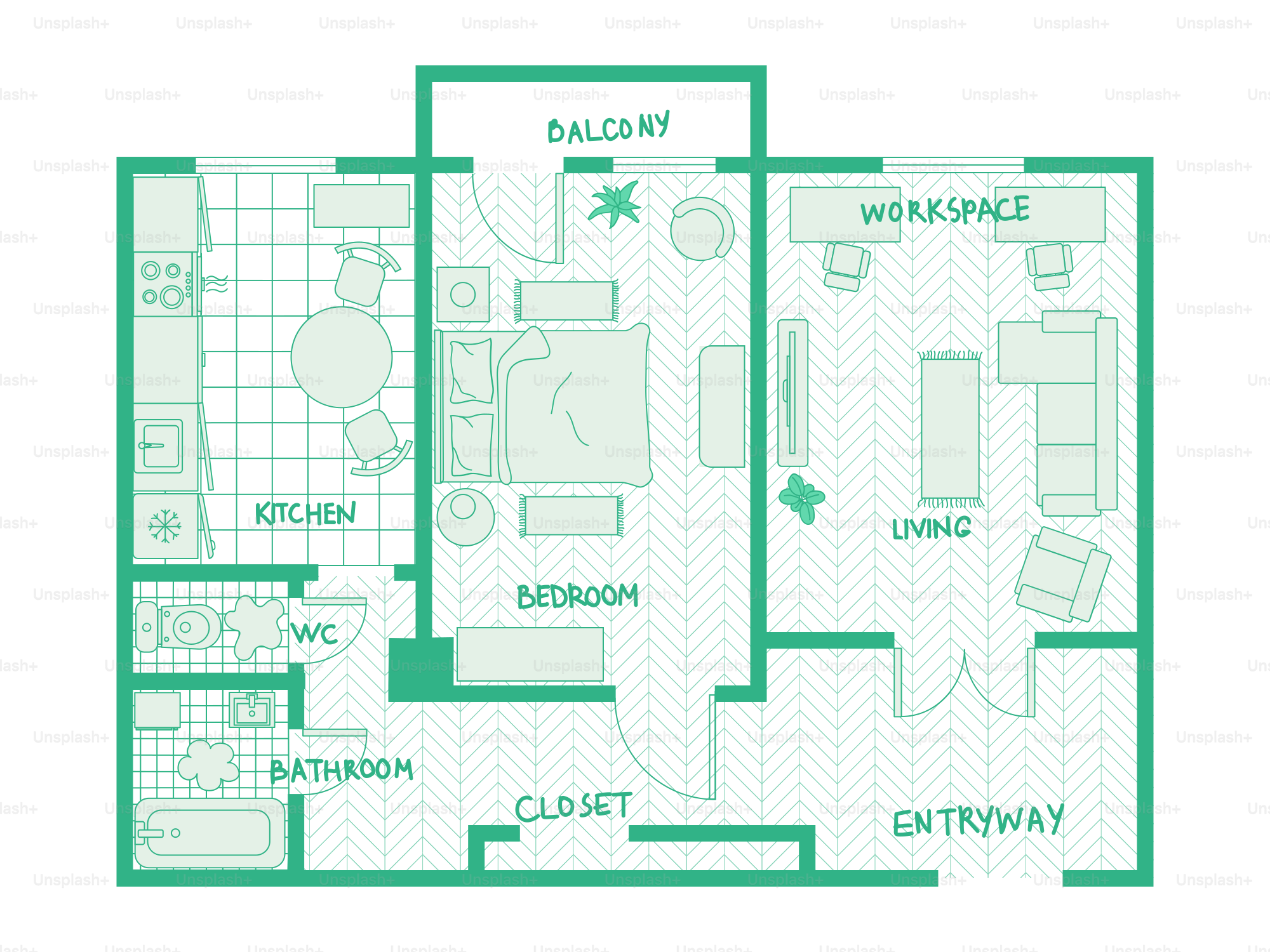 Floor plan of a modern apartment with labeled rooms.