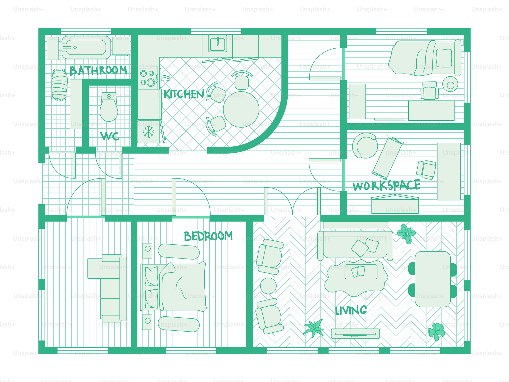 Floor plan of a modern apartment with living areas.
