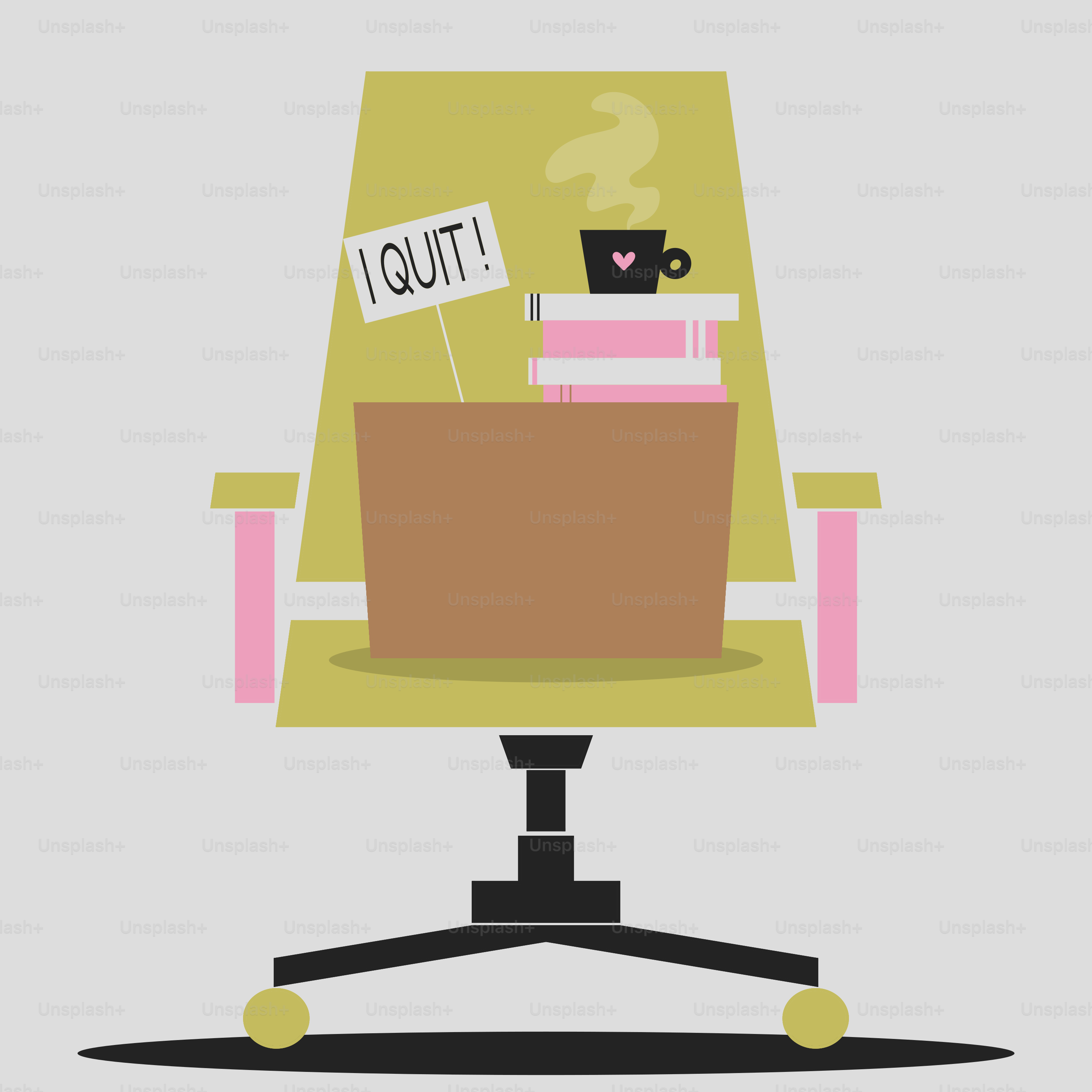 Sedia d'ufficio con laptop, libri e "Mi licenzio! Smetti!"