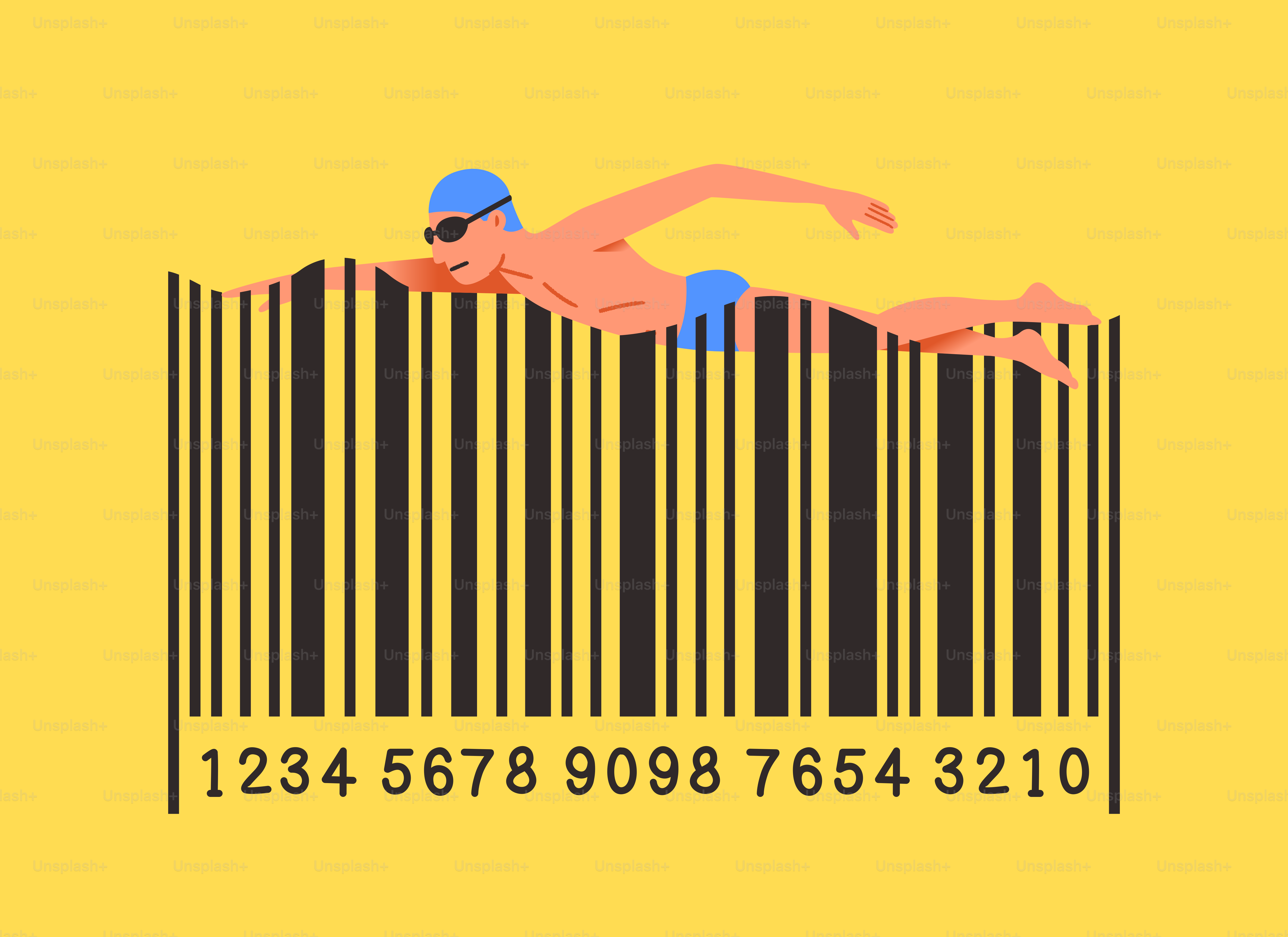 Schwimmer auf einem Barcode vor gelbem Hintergrund