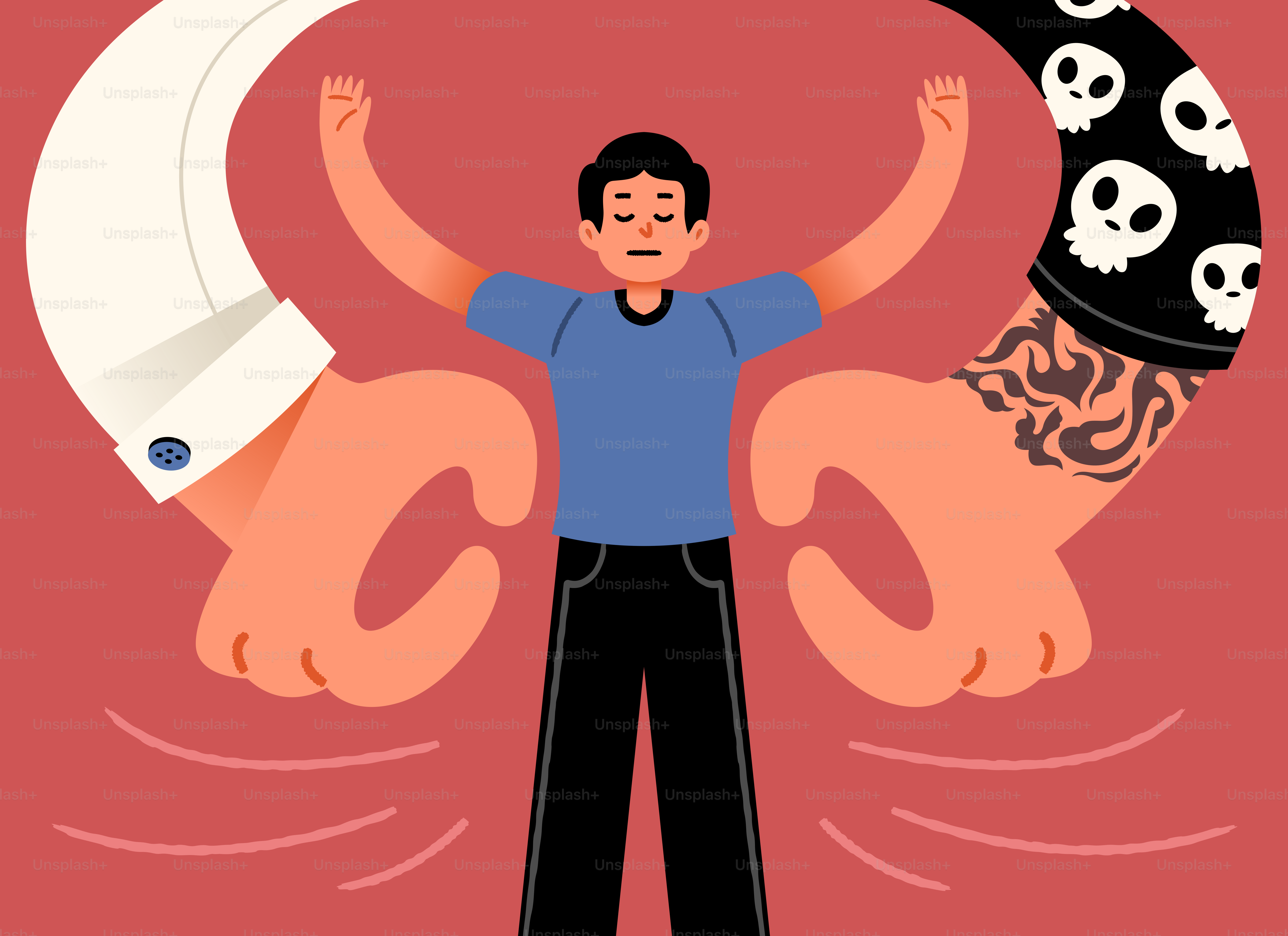 Mann mit erhobenen Armen zwischen zwei kontrastierenden Händen