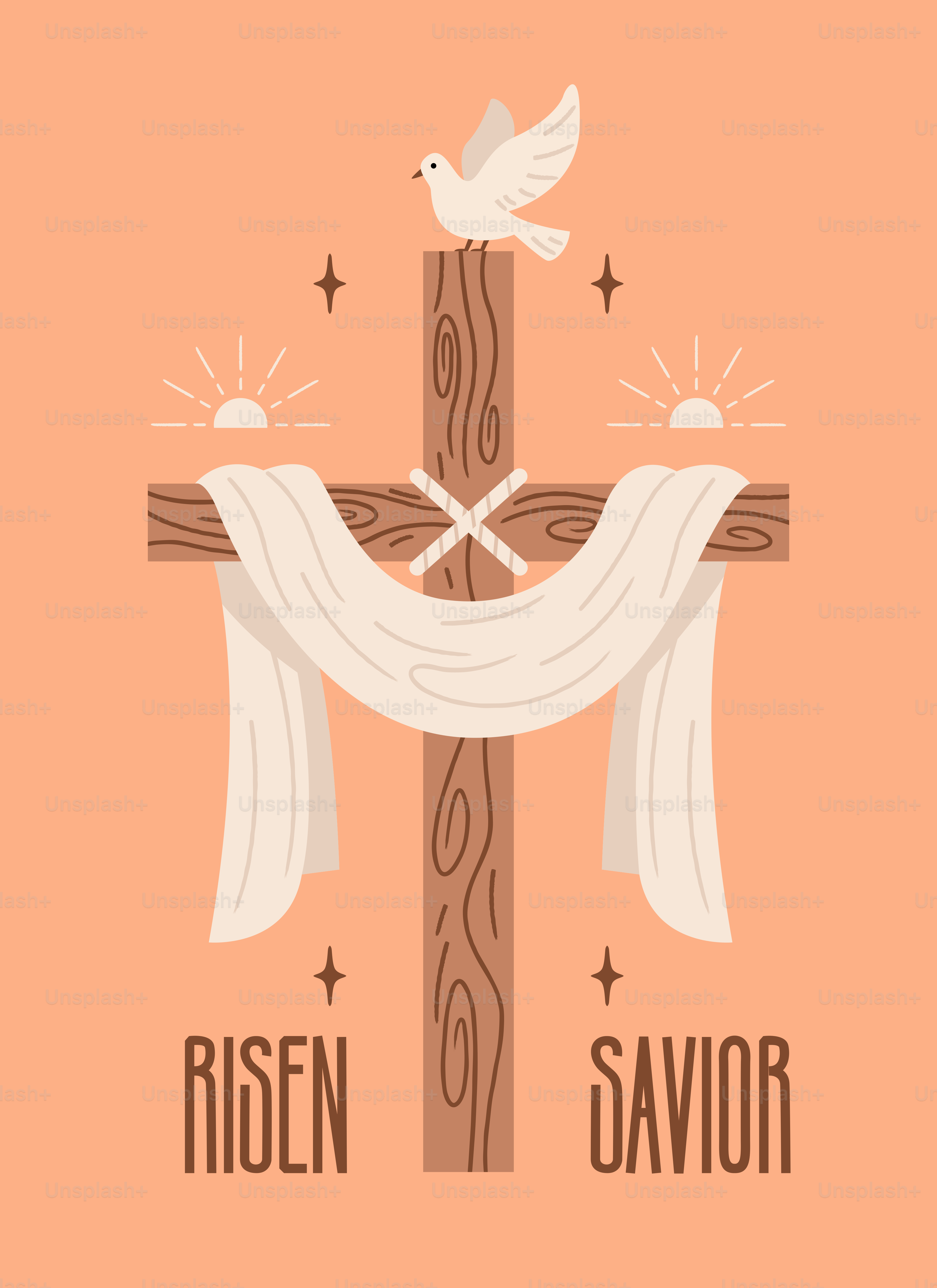 Uma cruz de madeira com uma pomba e um pano drapeado.