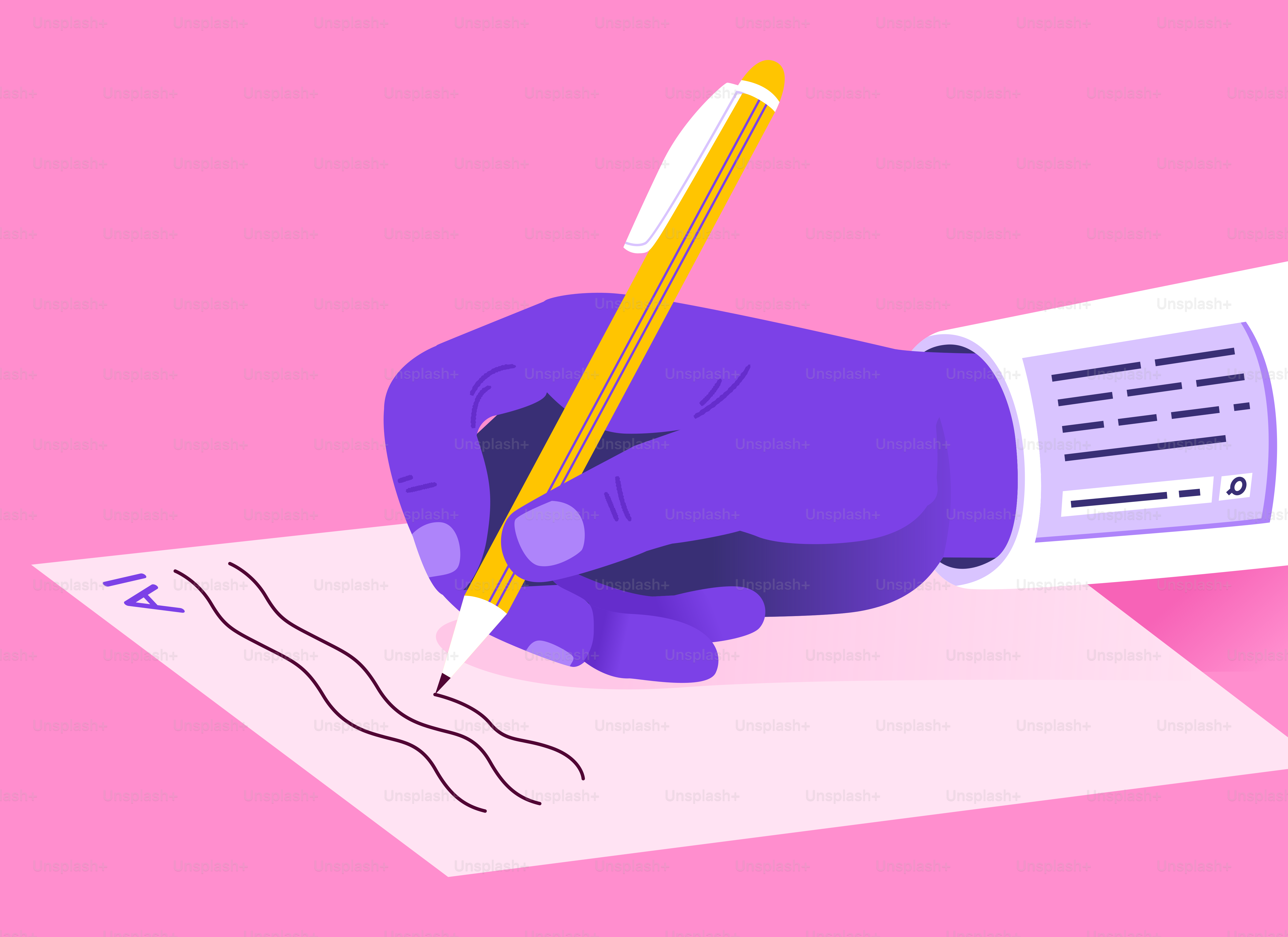 Lila Handschrift auf Papier mit gelbem Stift