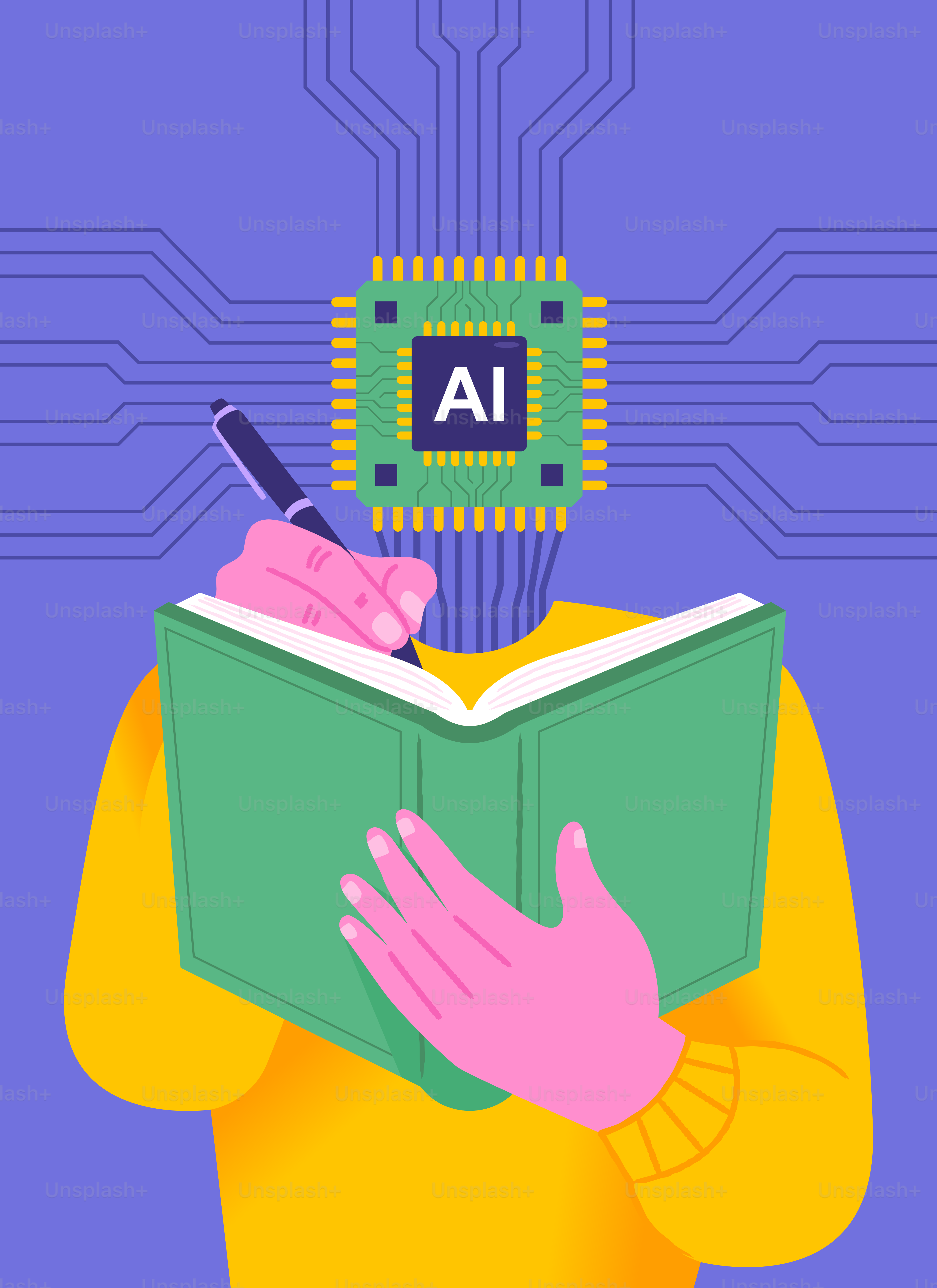 Ai-Chip-Kopf-Person, die mit Stift ein Buch liest