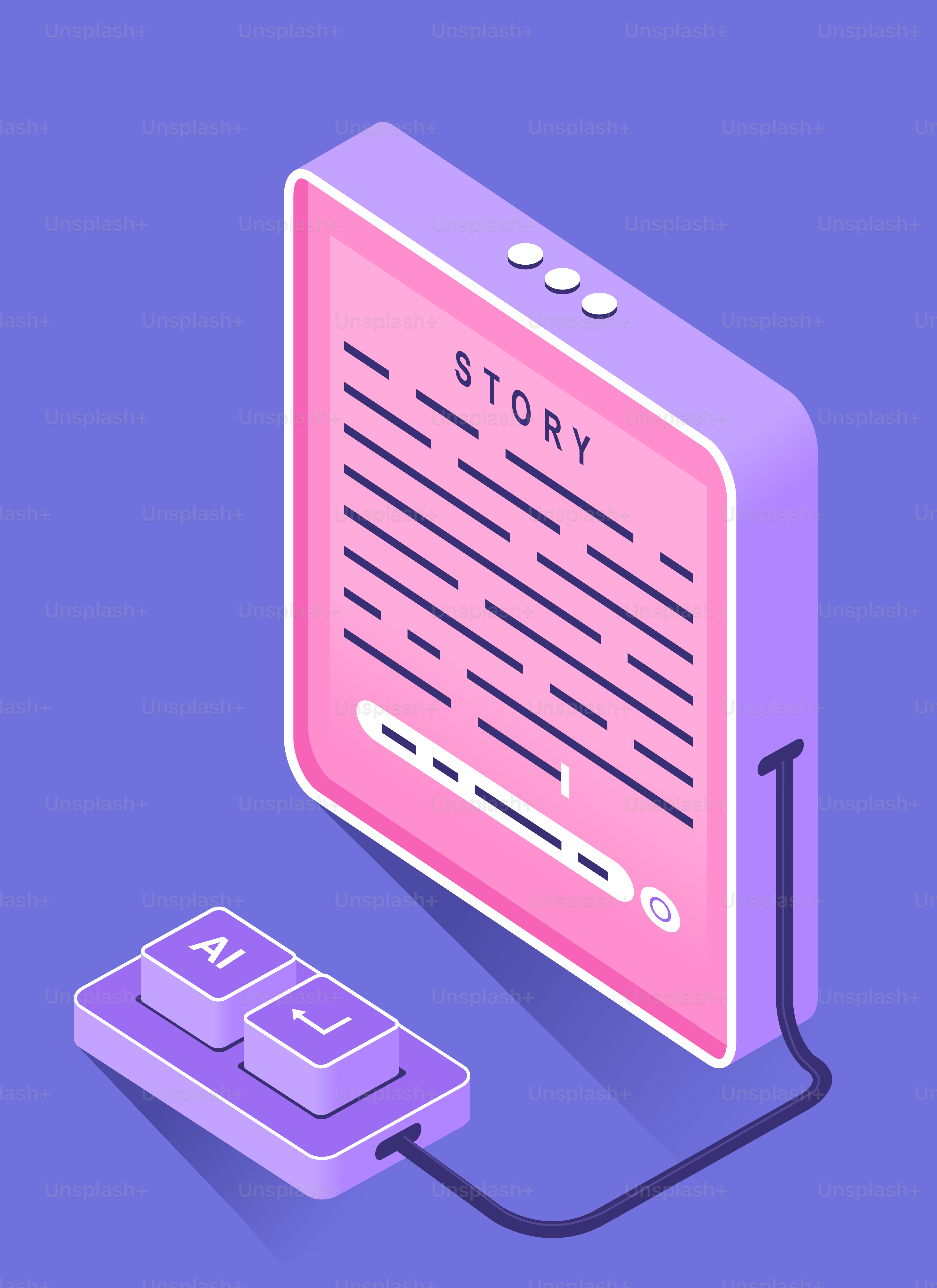 Pinkes Gerät zeigt Text an, verbunden mit der Tastatur und KI.