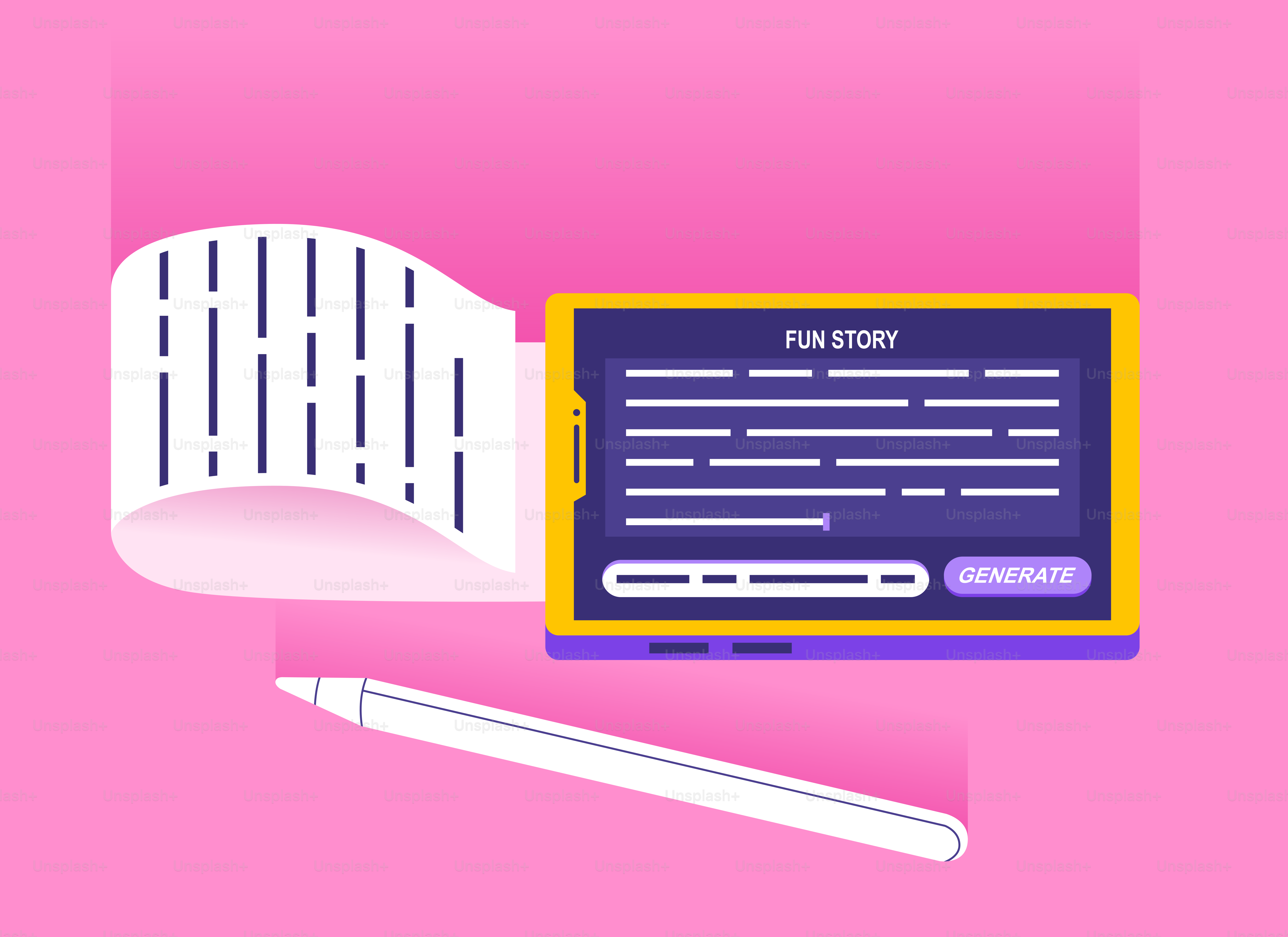 Computerbildschirm zeigt eine Geschichte mit Schriftrolle und Stift an.