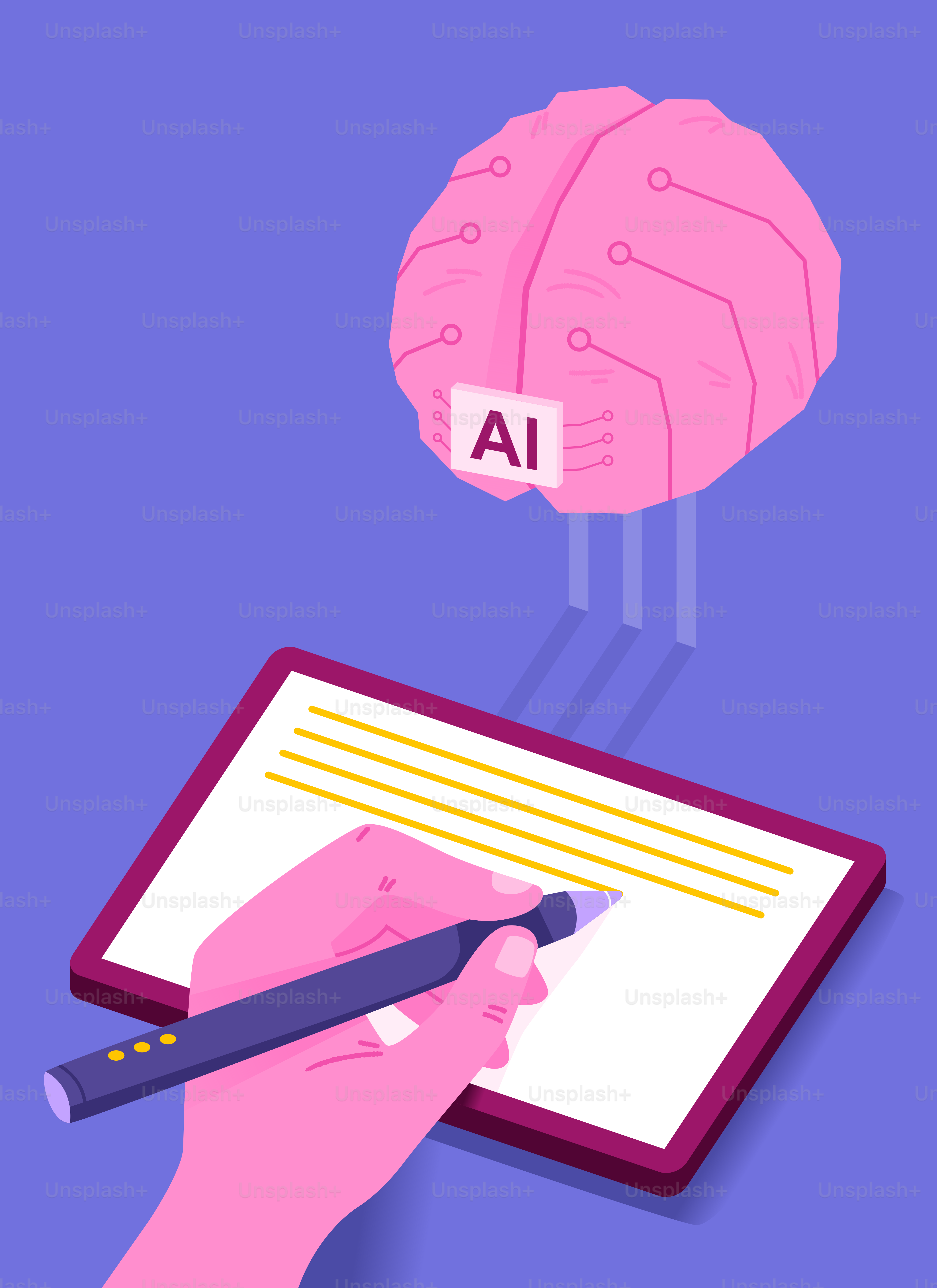 Handschrift auf Tablet mit KI-Gehirn verbunden