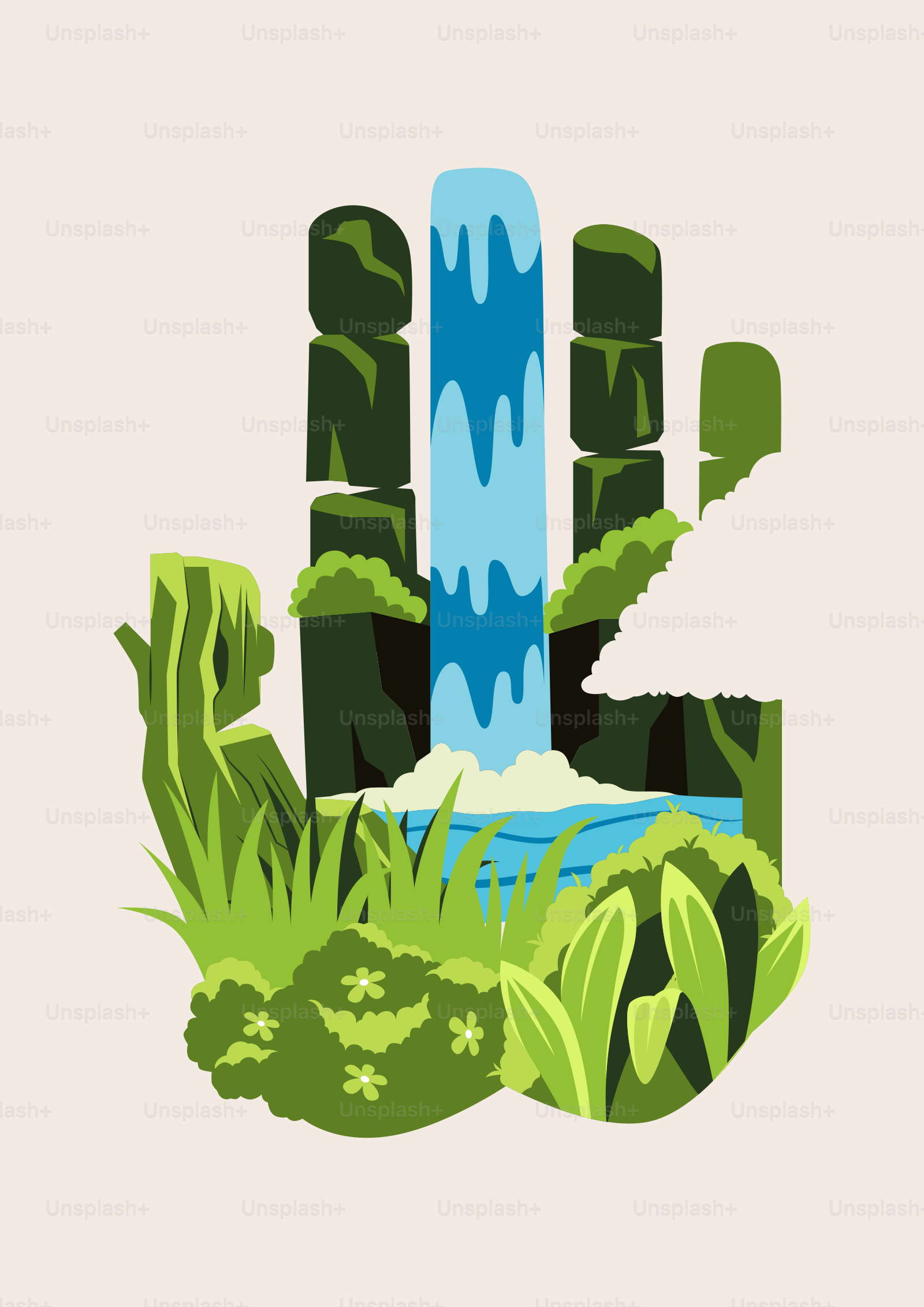 A stylized waterfall cascades through a green, natural landscape.