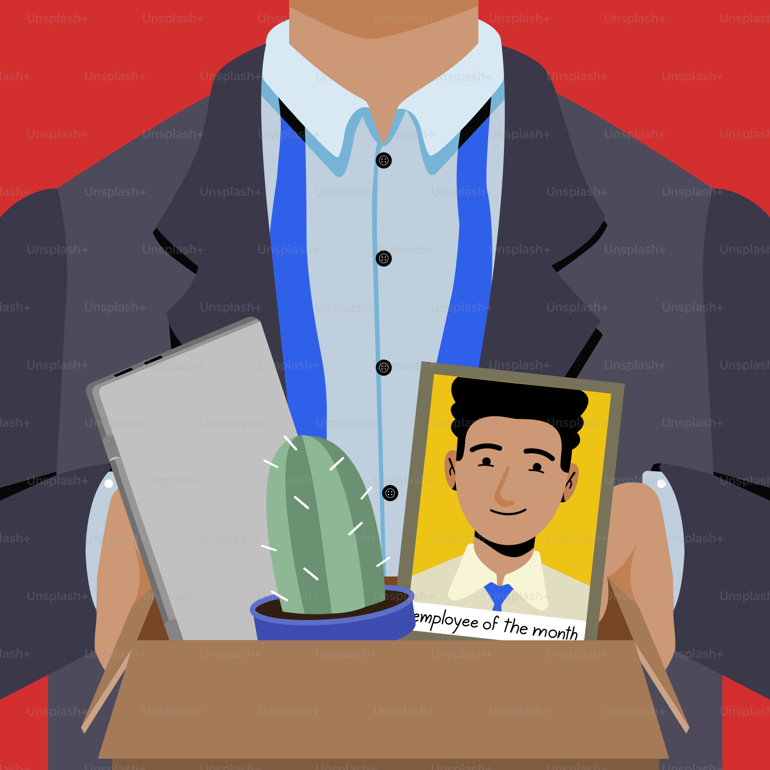 Uomo che tiene una scatola con oggetti personali e una foto.