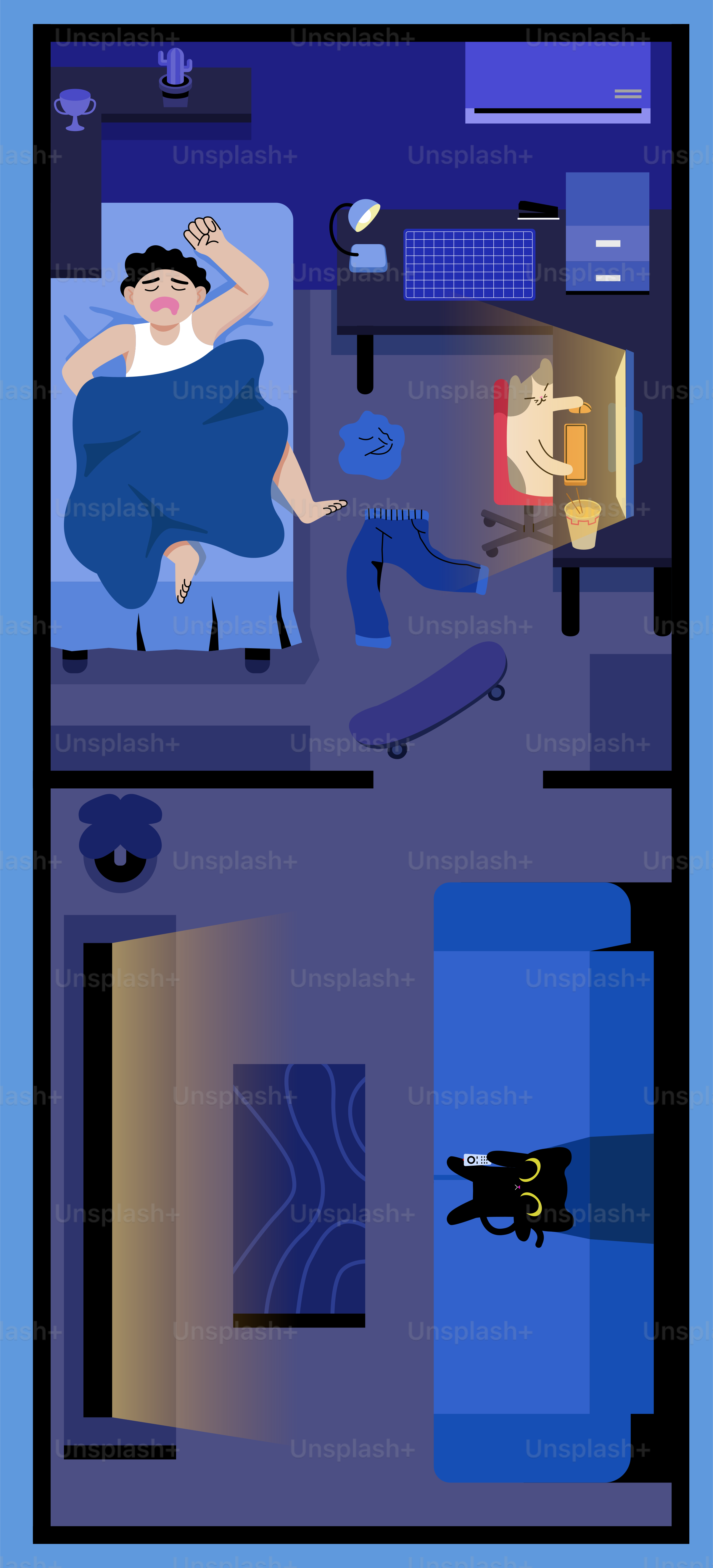 Adolescente dorme a letto mentre il gatto osserva dal divano.