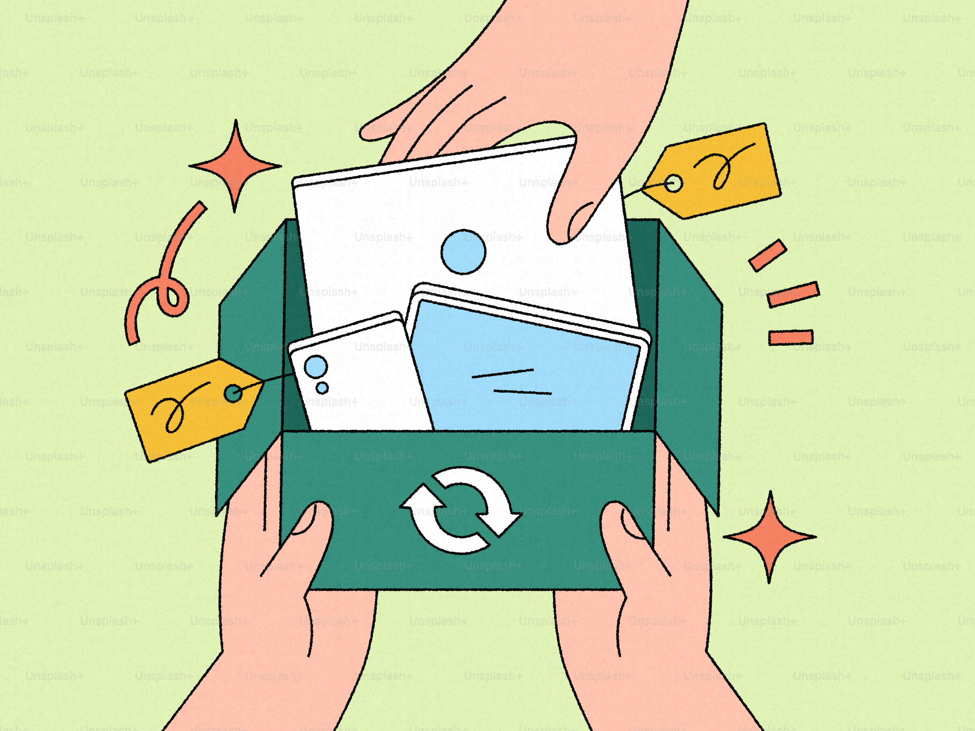 Mani che mettono l'elettronica nel bidone del riciclo con le etichette