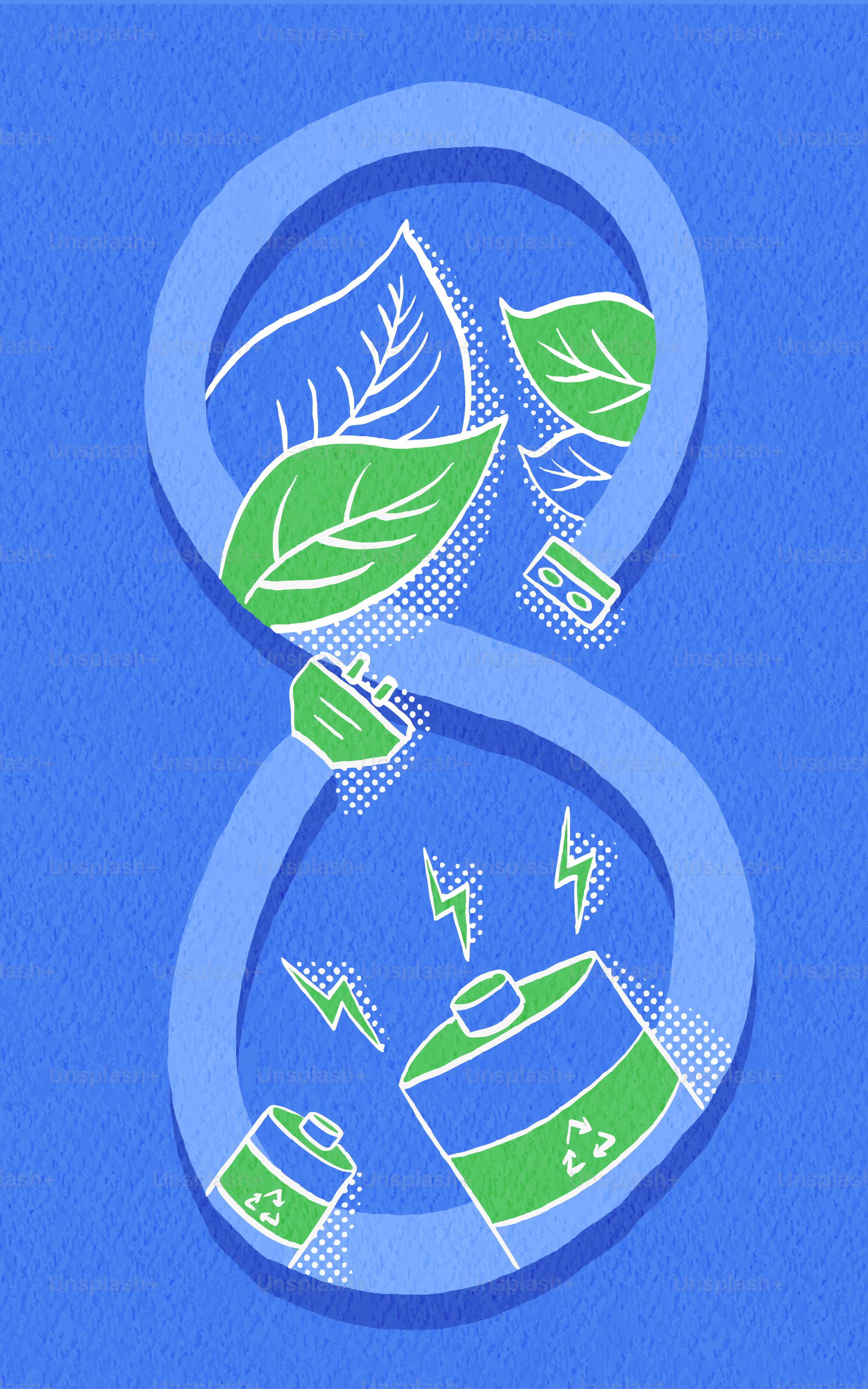 Le foglie verdi e le batterie formano un simbolo dell'infinito.