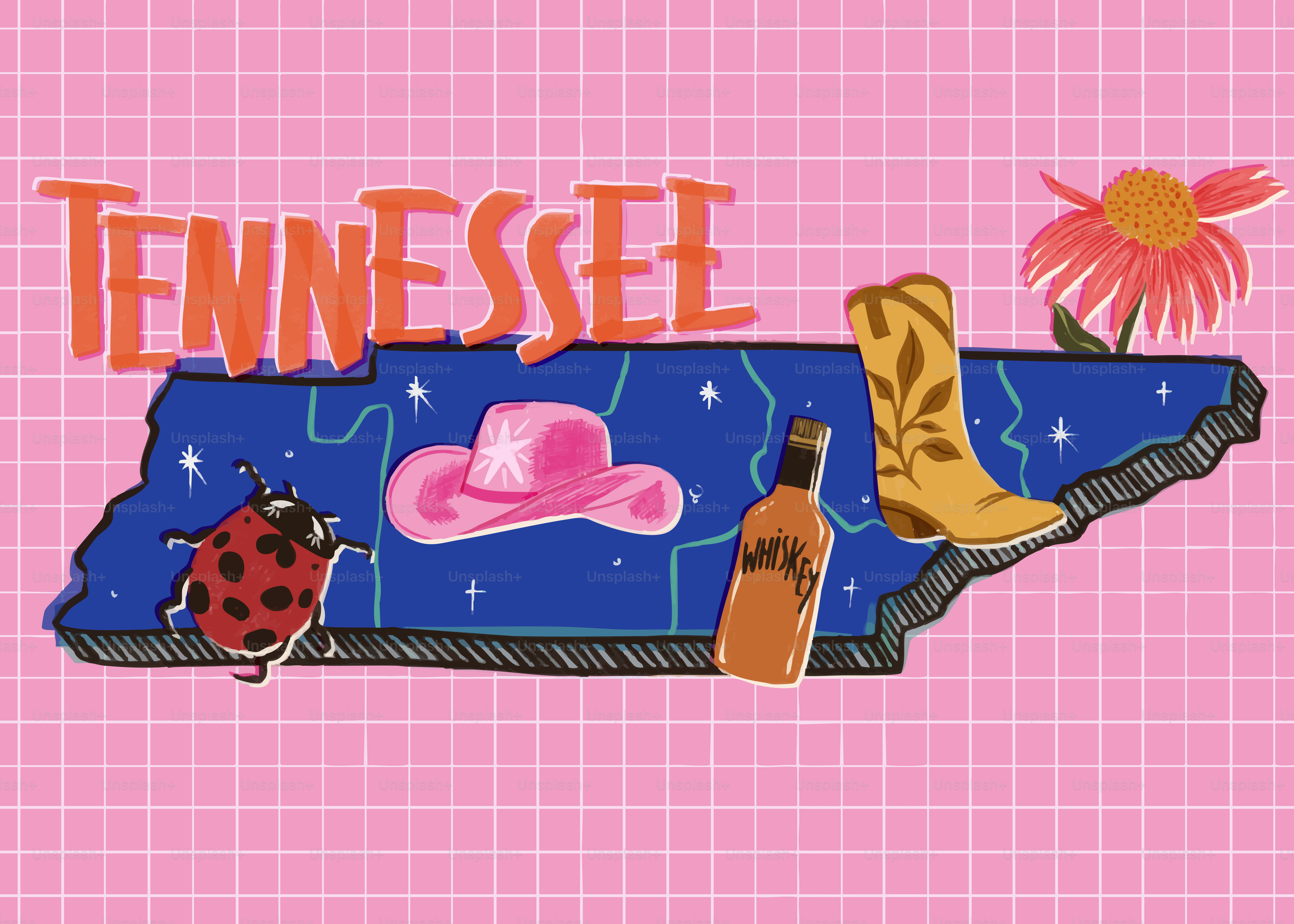 象徴的なシンボルとテキストを含むテネシー州のアウトライン。