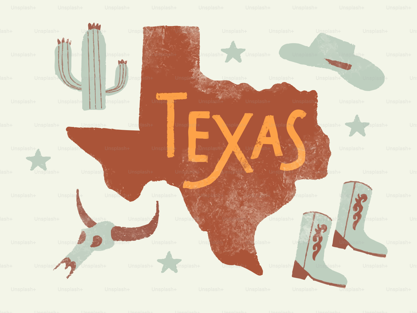 Texas state outline with cowboy and desert motifs